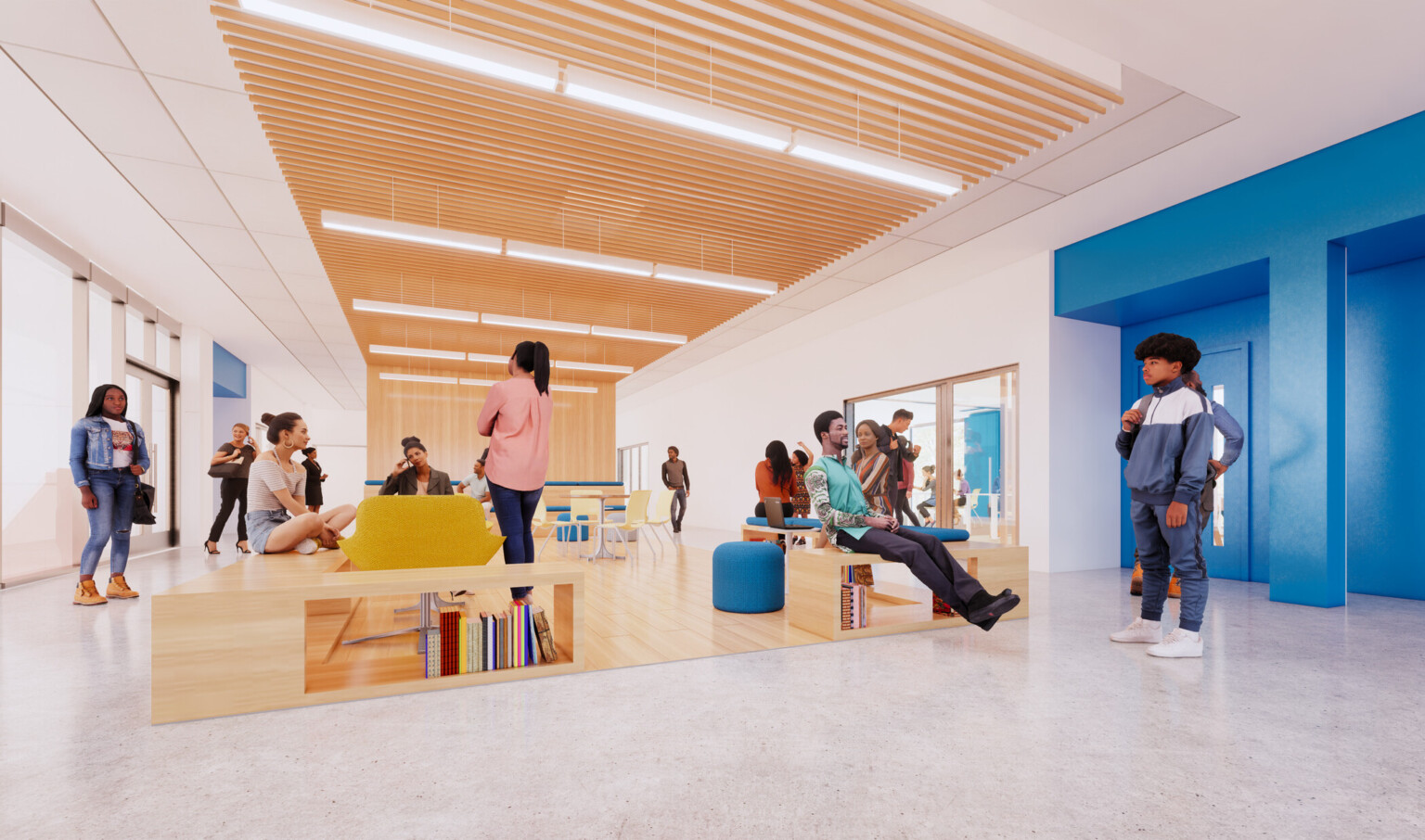 Another view of the wood alcove with storage benches and chairs. Wood slat ceiling details overhead with hanging light rods