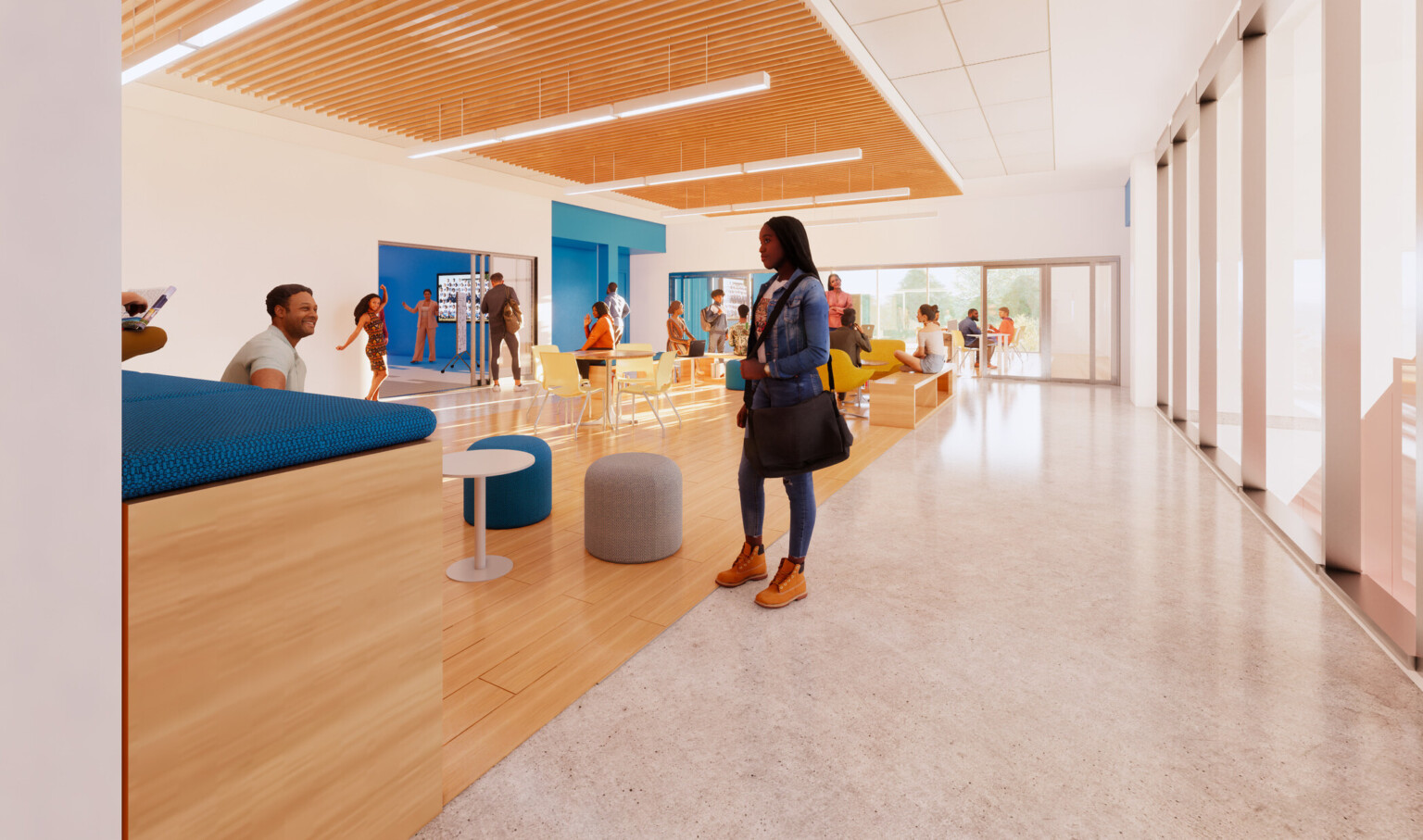 Another view of wood alcove. Classroom with blue wall to left. Hallway looks to room with 2 walls of floor to ceiling windows