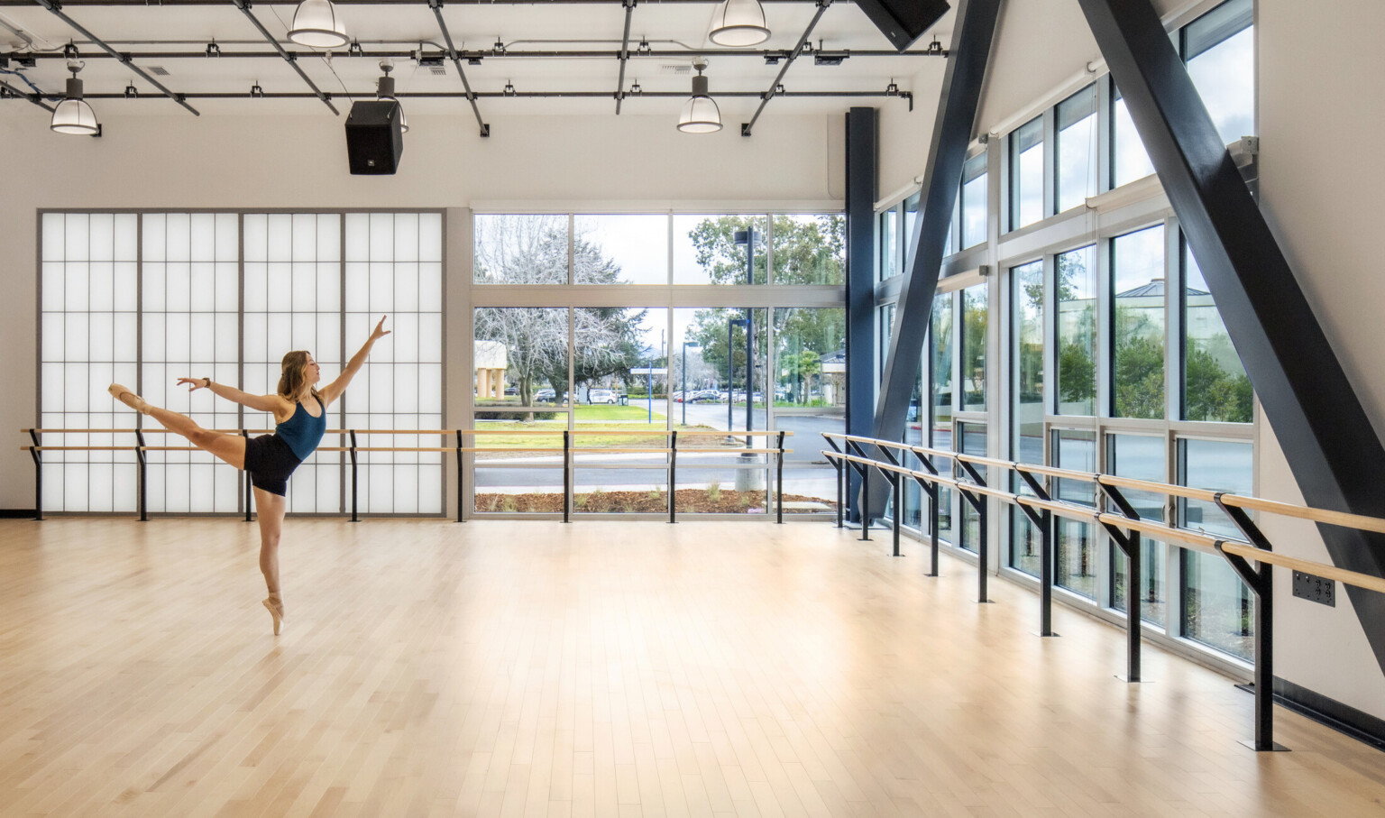Natural daylight, sliding glass door brings the outdoors in to dance studio, warm natural hardwood flooring, metal beams, high-ceilings and a ballerina dancing