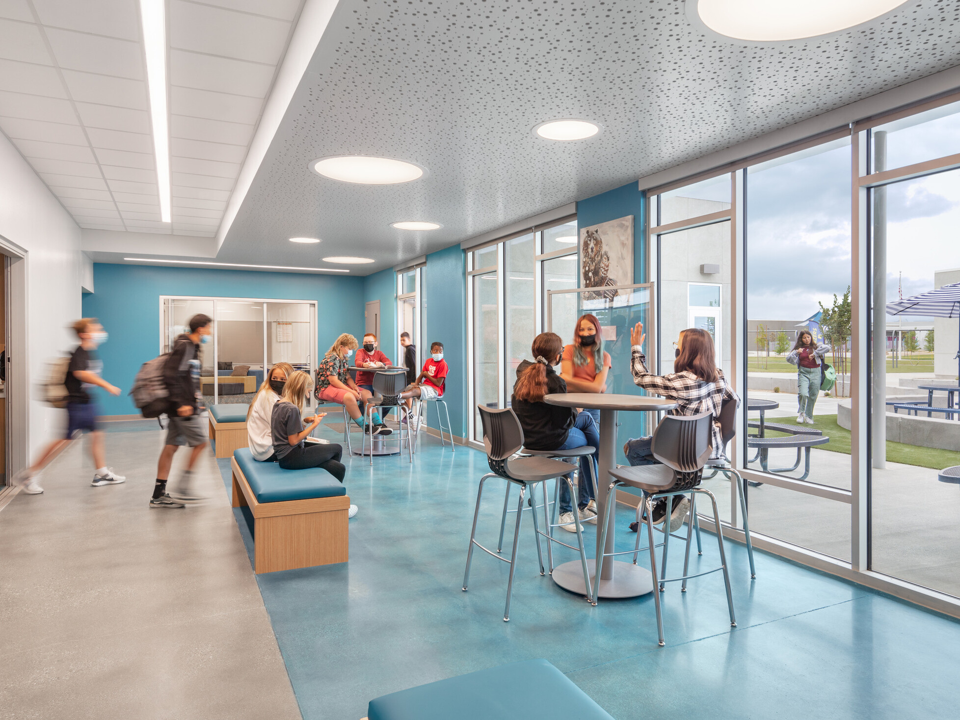 interior classroom with indoor/outdoor window wall mixed flexible seating