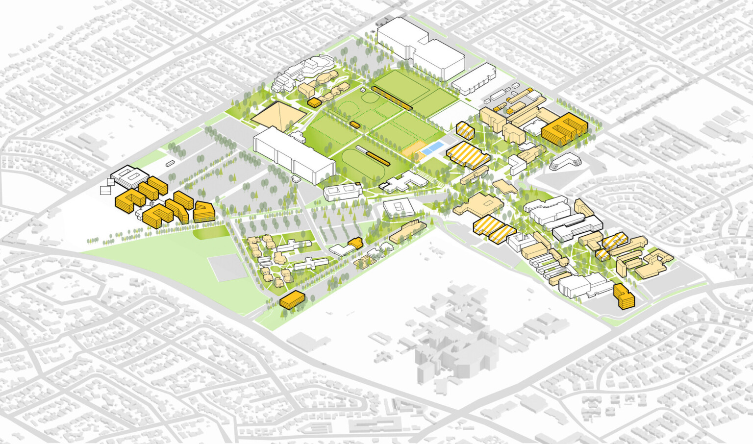 California State University Long Beach, animated aerial map, green space, building models, future planning, campus vision plan, higher education, phased construction, wellness