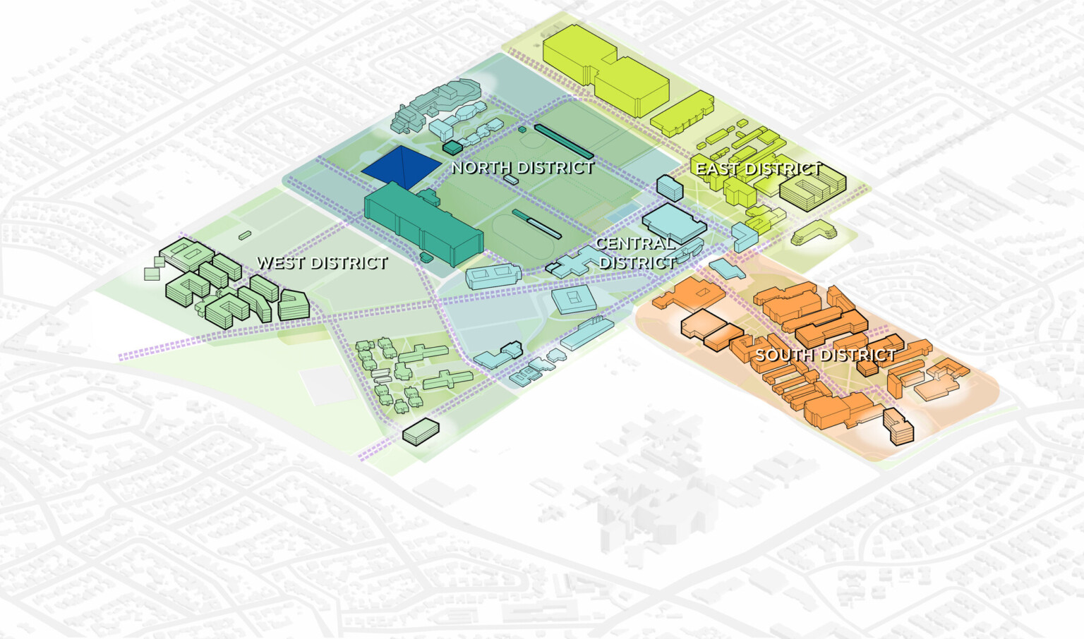 California State University Long Beach, animated aerial map, green space, building models, future planning, campus vision plan, higher education, phased construction, wellness with a rectilinear campus section highlighted in green, orange, and blue