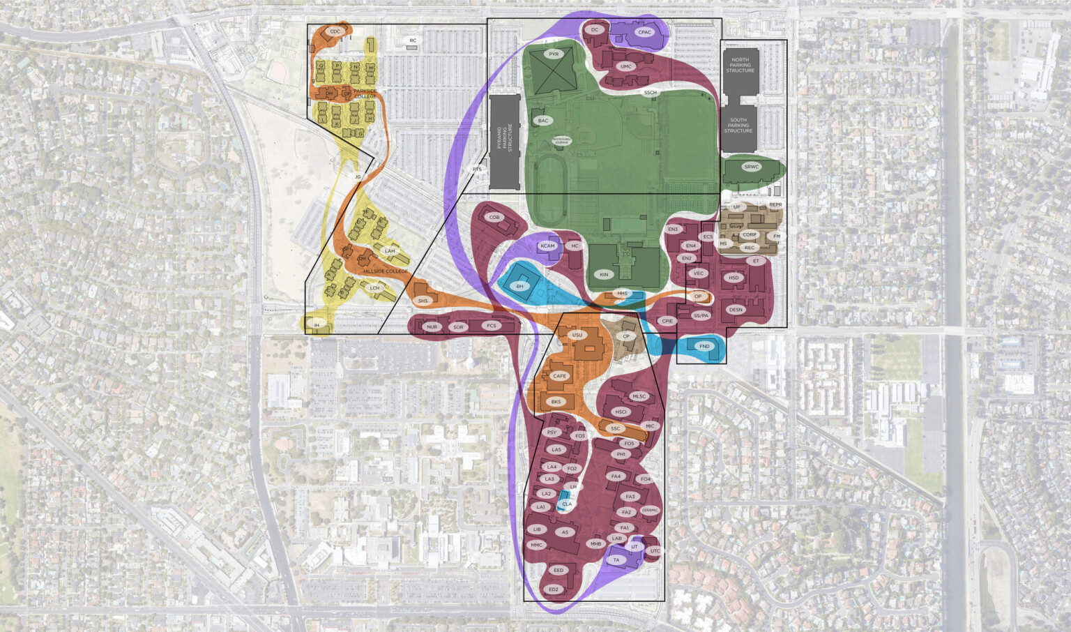 Gray low fidelity aerial map with a rectilinear campus section highlighted in green, purple, yellow, orange, maroon, and blue