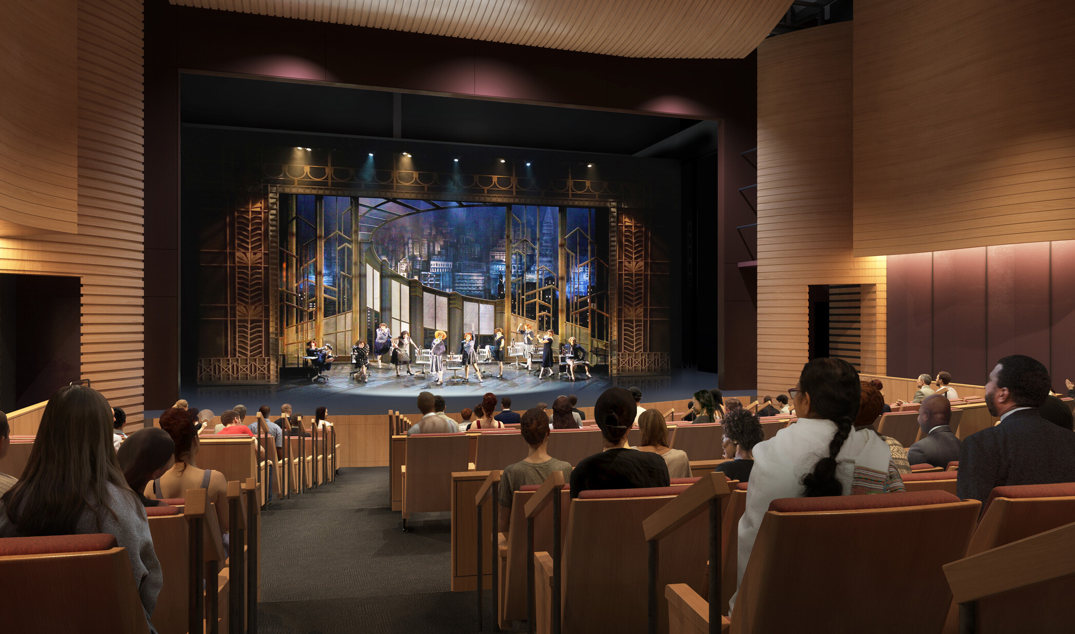 performance space facing the stage; darkly lit audience looking at a lit up stage with historical set and characters performing