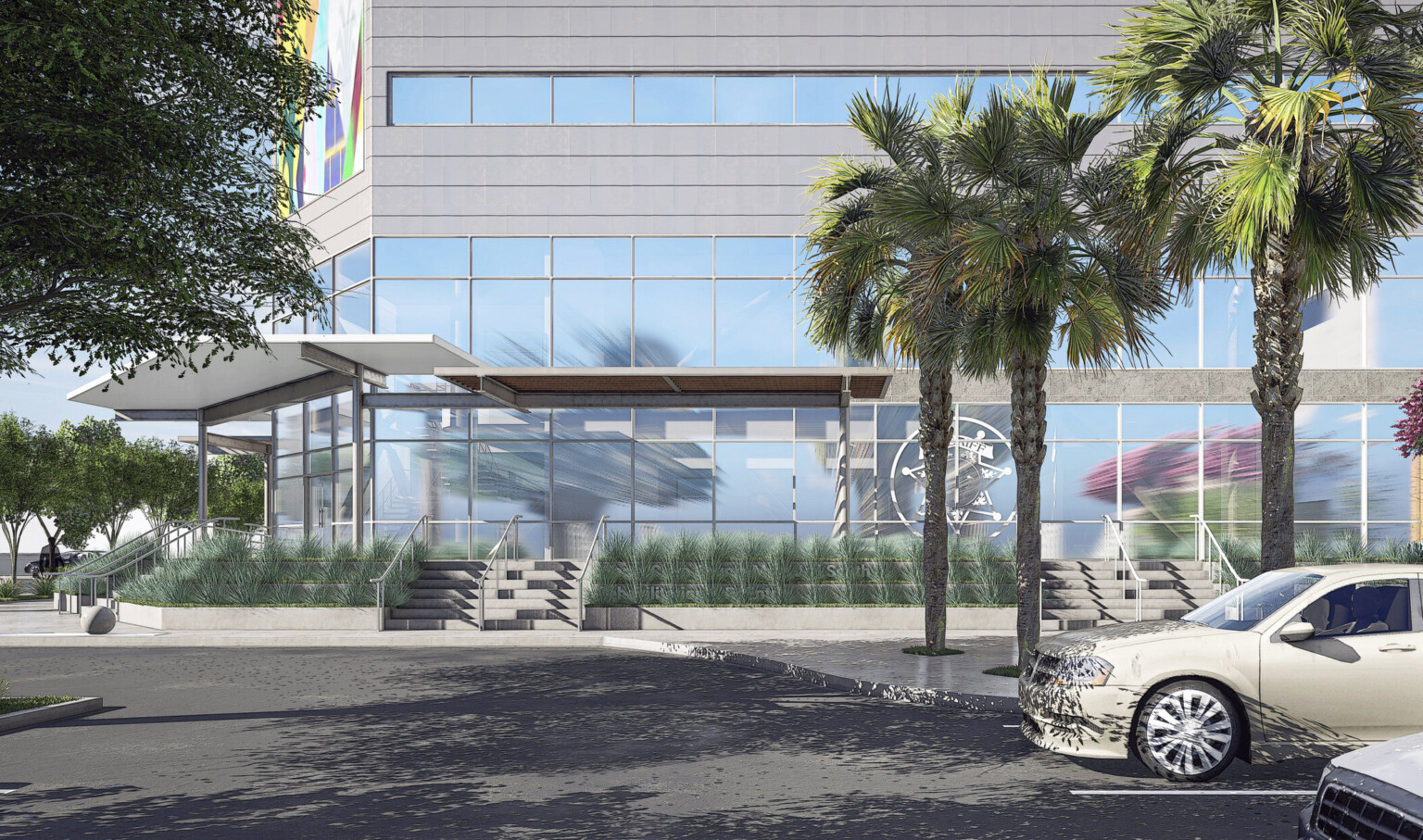 Closeup rendering of exterior entry. Glass double height windows over glass double doors. Awnings cover door and part of path