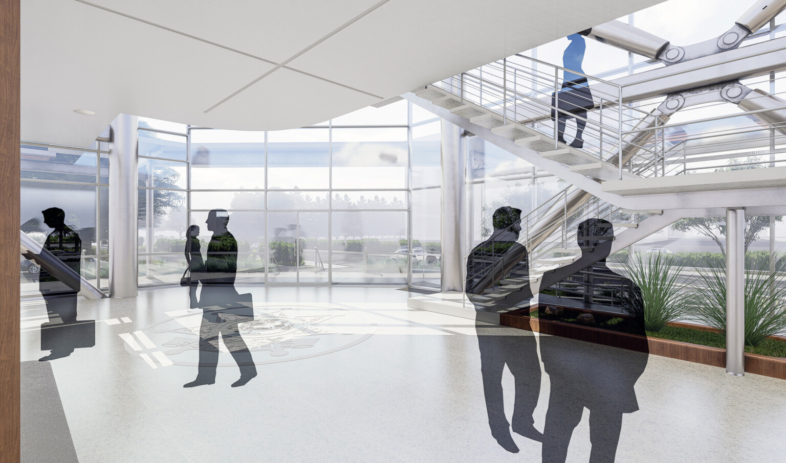 Double height window lobby with floating stairwell, right, over a planter. White panel drop ceiling hangs over logo on floor