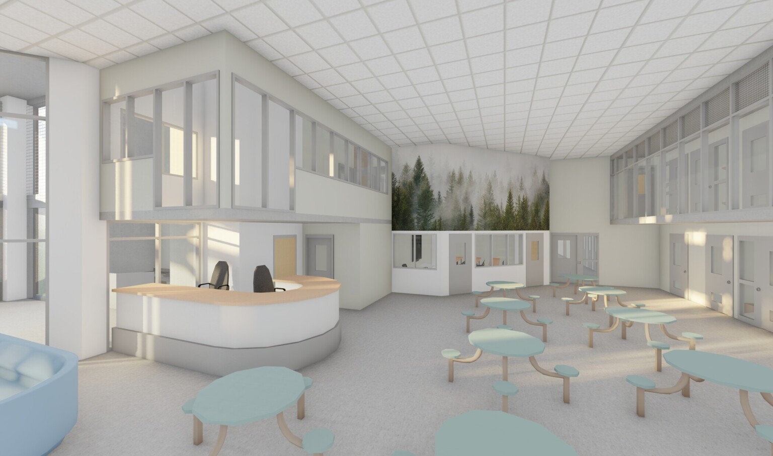 Another view of the room. Rounded desk sits in recessed section under windowed room. Another room to the right under mural