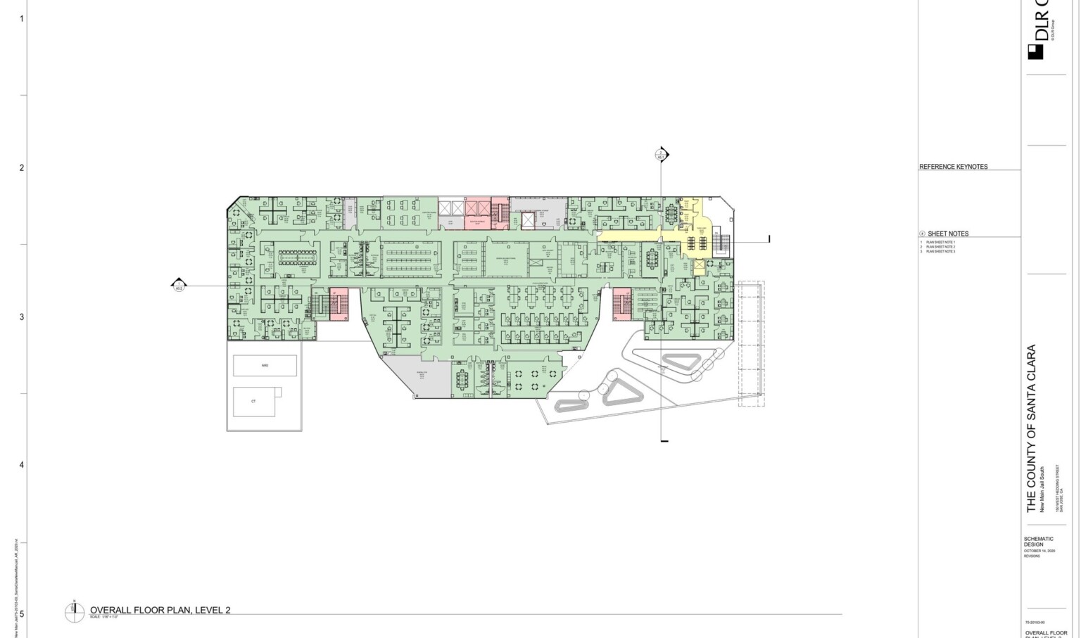 A color coded floor plan of a level of the building. Most of the building is green with a few scattered red, grey and yellow