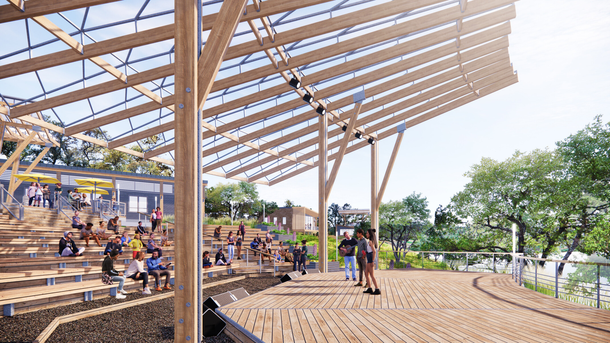 outdoor stage from stage left; mostly timber structure with bleacher seating