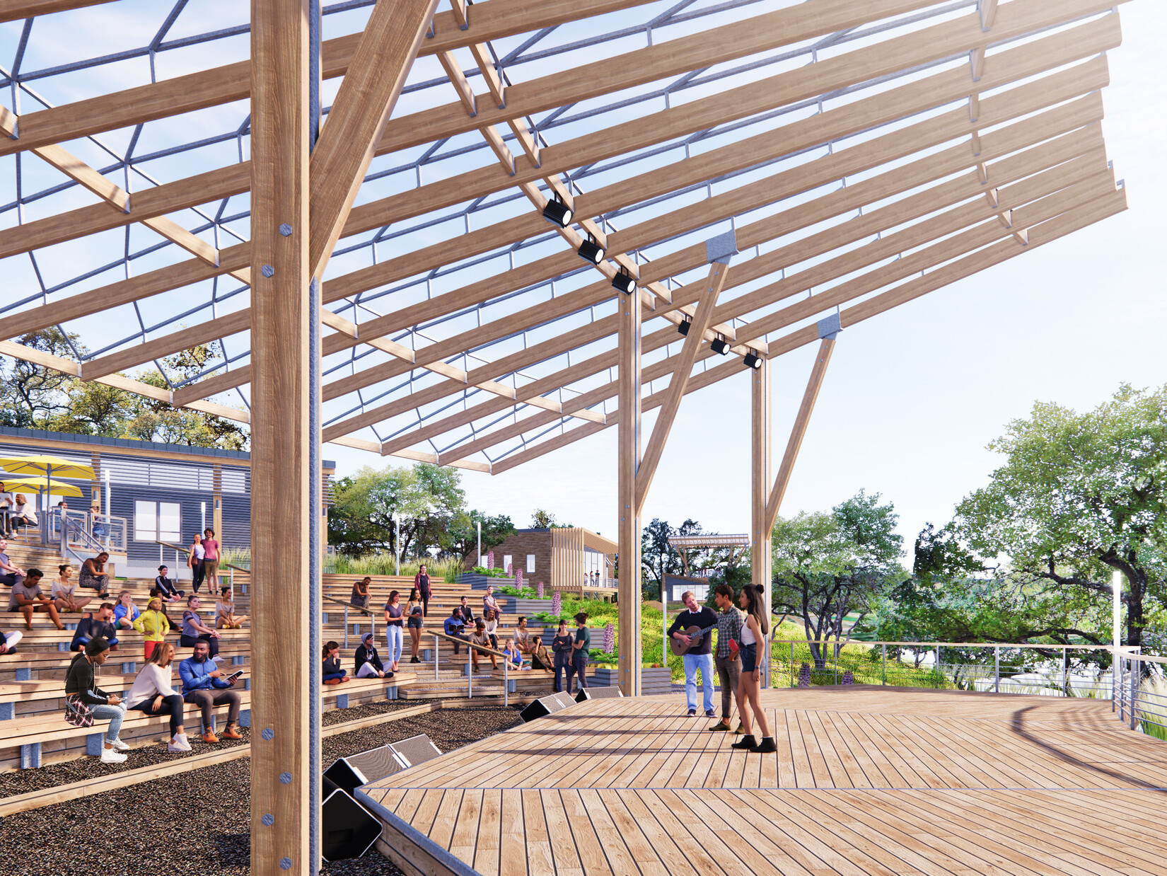 outdoor stage from stage left; mostly timber structure with bleacher seating