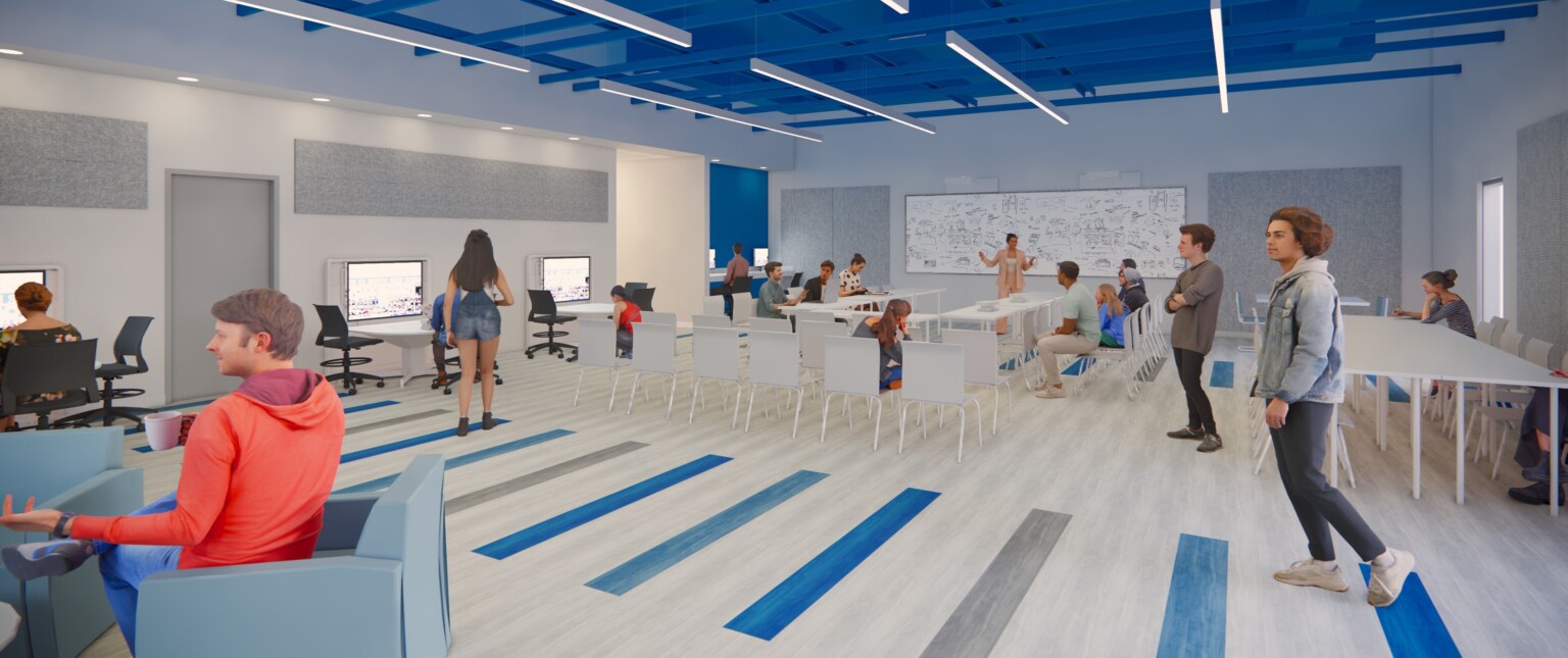 Rendering of a high school classroom filled with multiple seating areas, computers hanging on the walls with blue accents