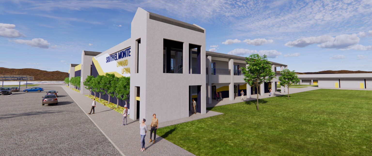 Side view rendering of a multistory high school showing a large tower with triangular shaped top