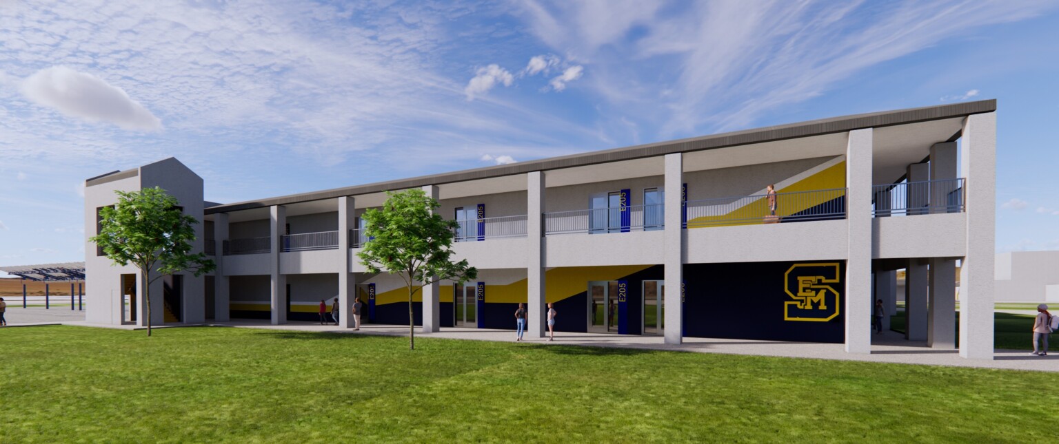 Rendering of the exterior of a multistory high school with blue and yellow accents, with words letters SEM on the wall