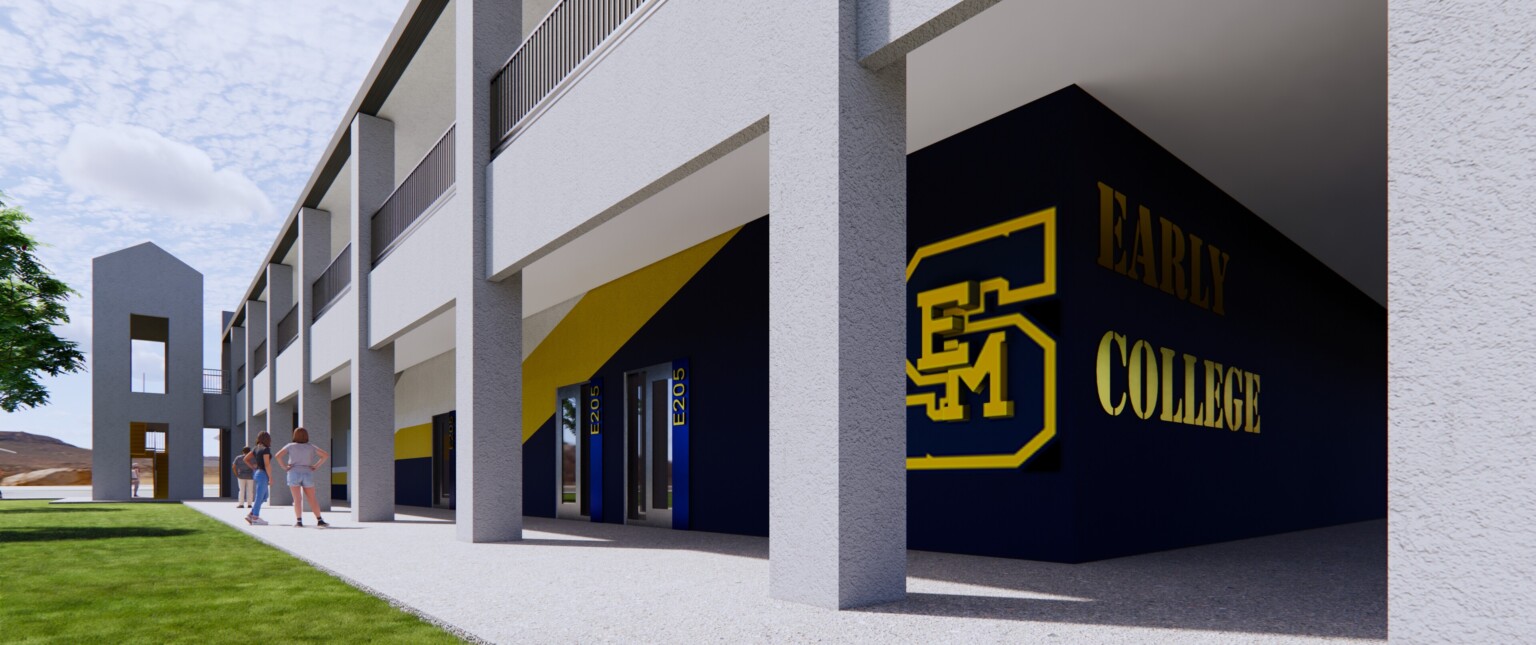 Rendering of the exterior of a multistory high school with blue and yellow accents, with letters SEM and words Early College on the wall