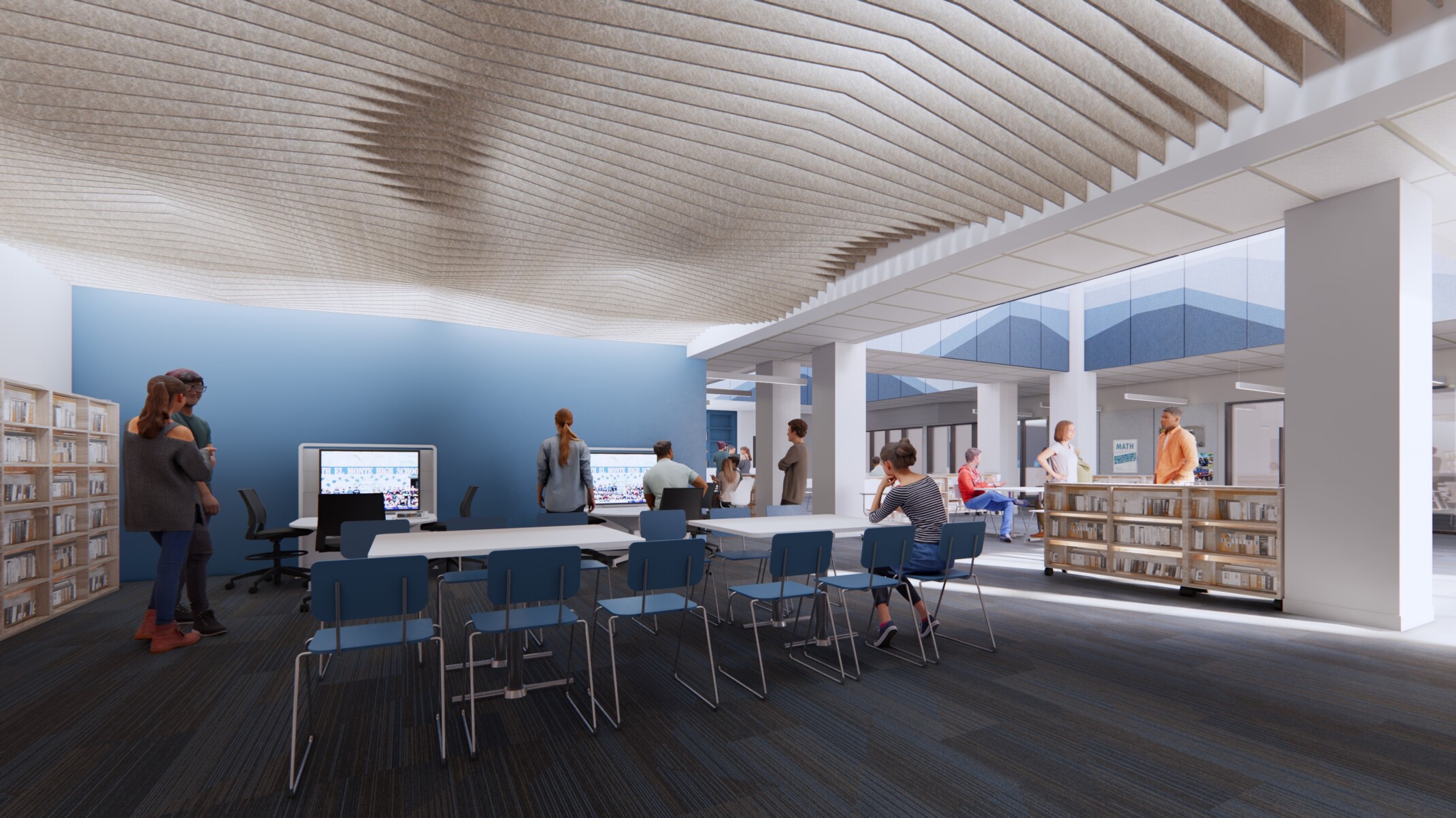 Rendering of a school common area showing shelves filled with books, tables with blue chairs, and two large monitors on the back wall