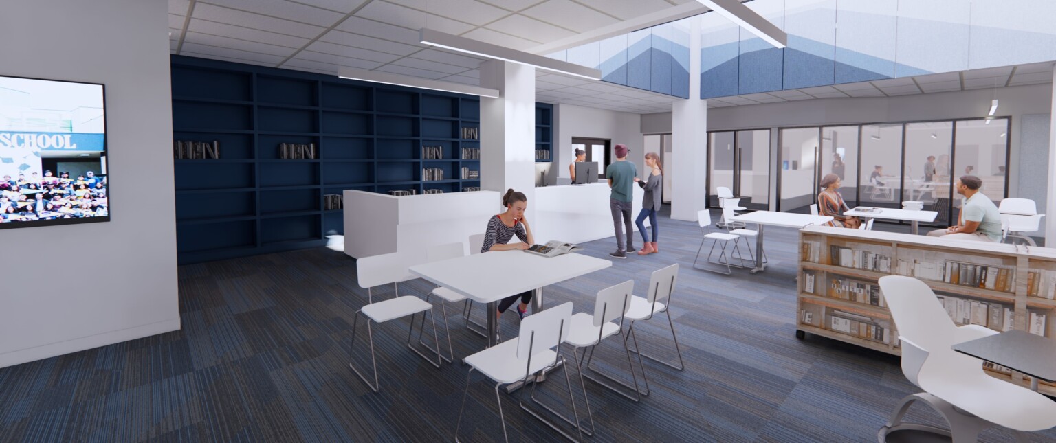Rendering of a high school library filled with bookshelves filled with books, seating areas with white tables and chairs, and blue accents