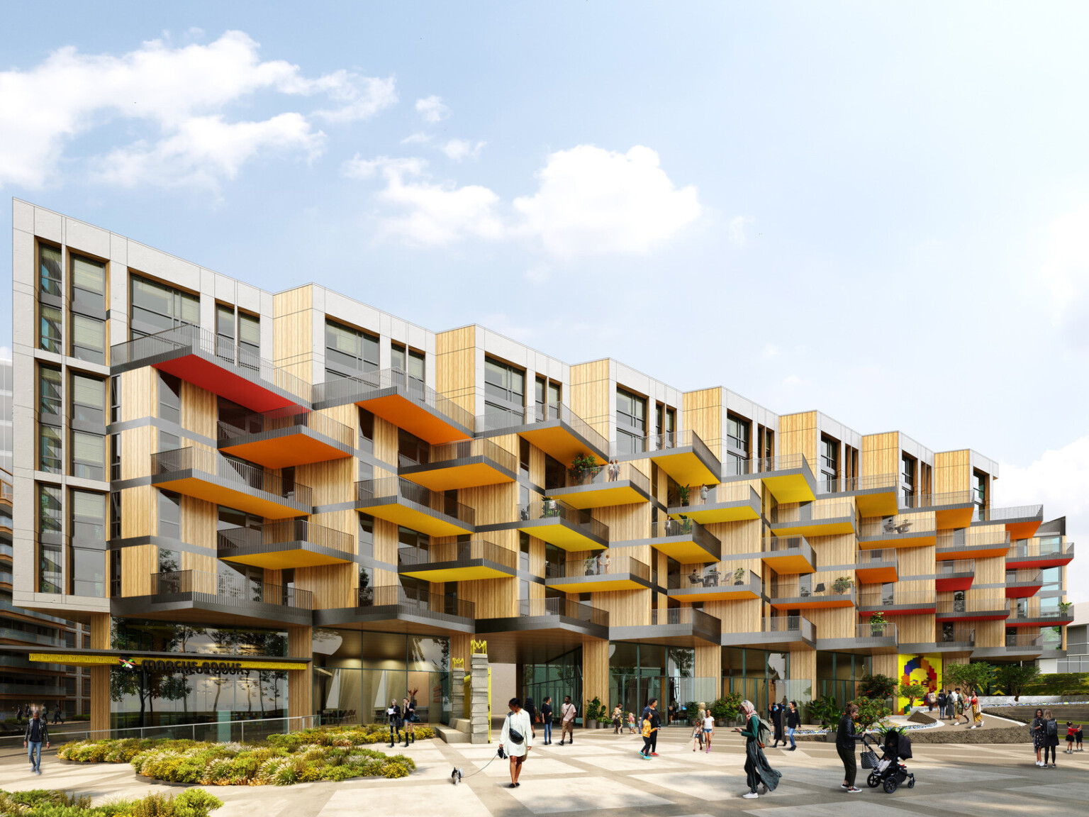 Rendering of a modern multistory building with red, orange, and yellow overhanging patio floors