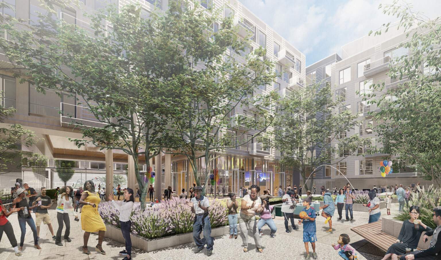 Courtyard surrounded by mixed use housing with floor to ceiling windows on 1st floor and paneled upper levels with balconies Courtyard surrounded by mixed use housing with floor to ceiling windows on 1st floor and paneled upper levels with balconies