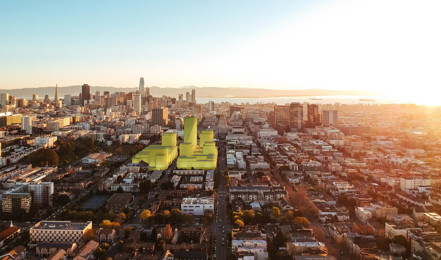 Rendering of the proposed development in yellow overlaid on the current neighborhood. 4 buildings of different heights