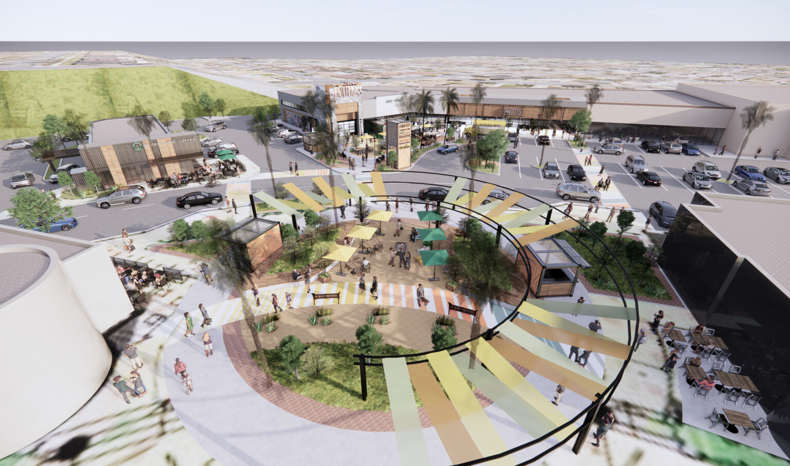 Rounded plaza in shopping center with greenery, partially covered by canopy along edge. Covered wood kiosks to either side