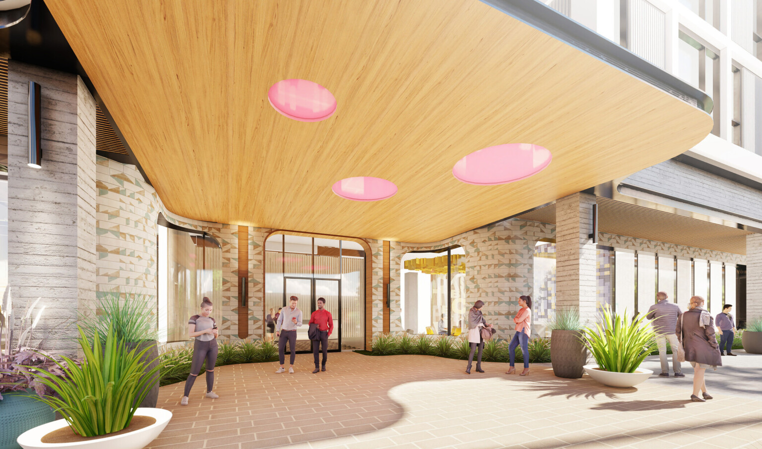 Tiled entrance to mixed-use facility with large windows under wood canopy with pink circles. Plants line building