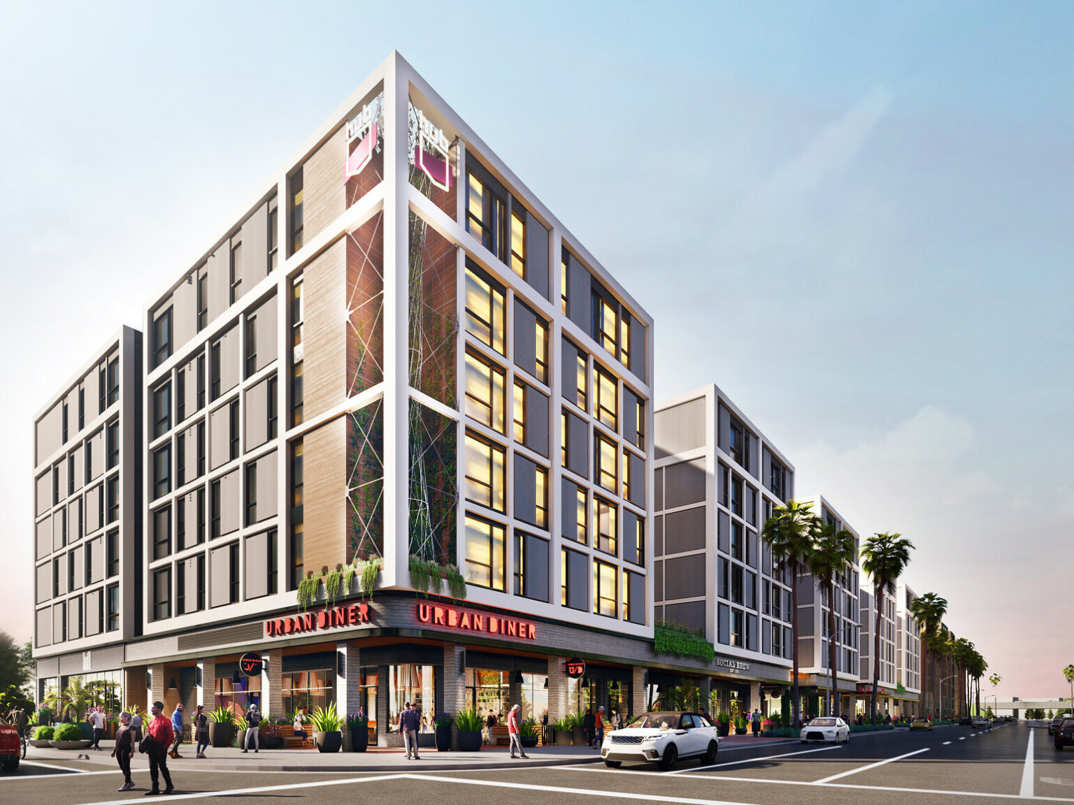 HUB Fullerton, seven-story residential building, pedestrian-friendly, natural tones and textures, landscaping, outdoor spaces