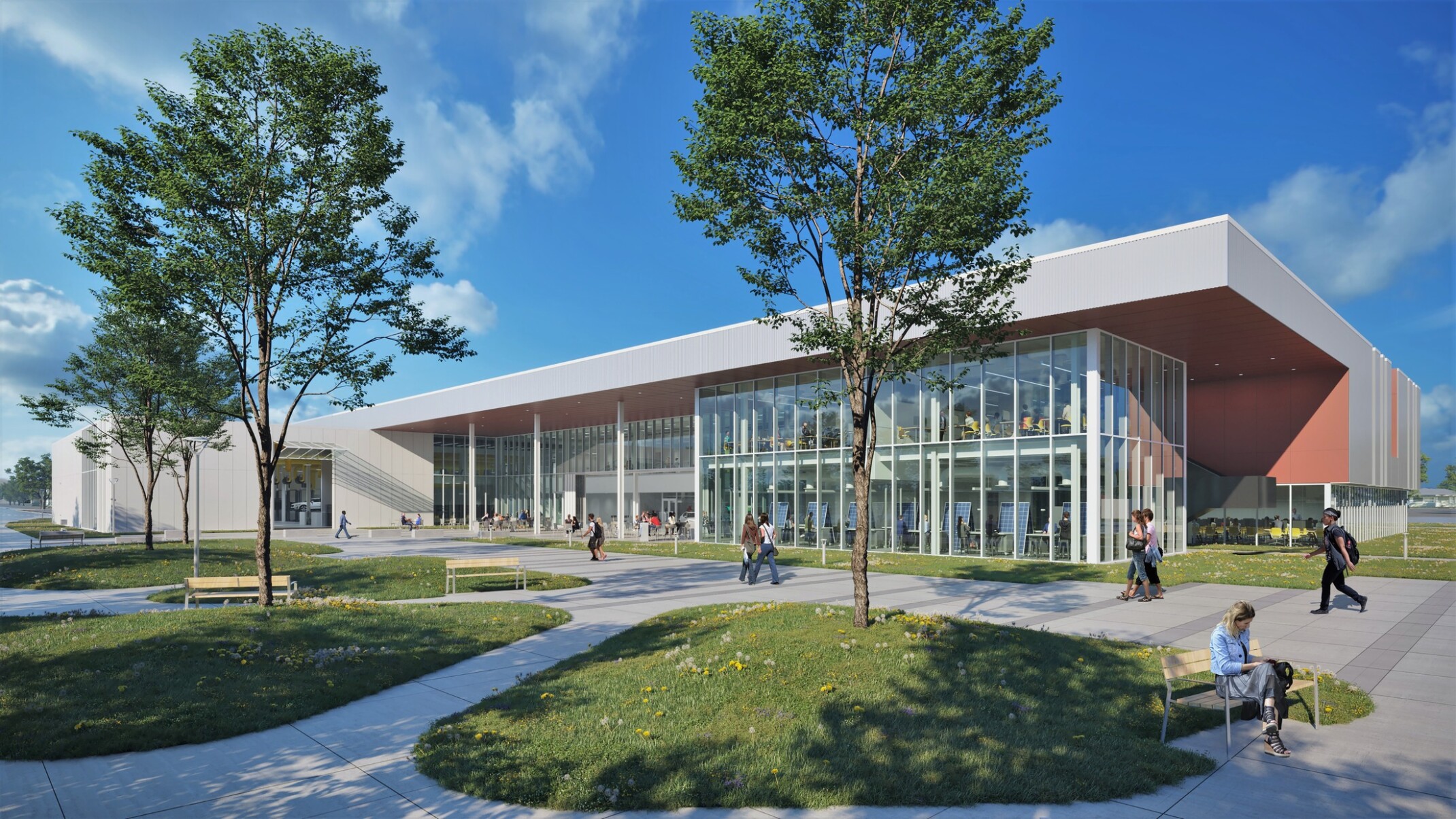 American River College exterior rendering; green space with trees in front of a modern multi-facade building with a floor to ceiling window entryway
