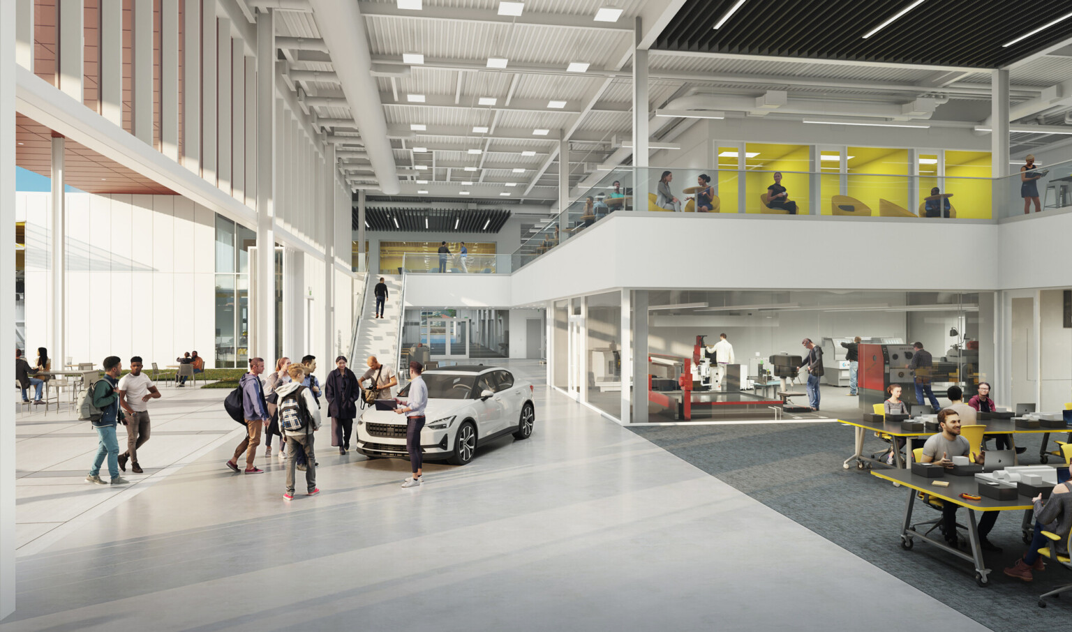 interior architectural rendering of American River College career technical education building; double height modern white space with a car and students standing throughout the space interior architectural rendering of American River College career technical education building; double height modern white space with a car and students standing throughout the space