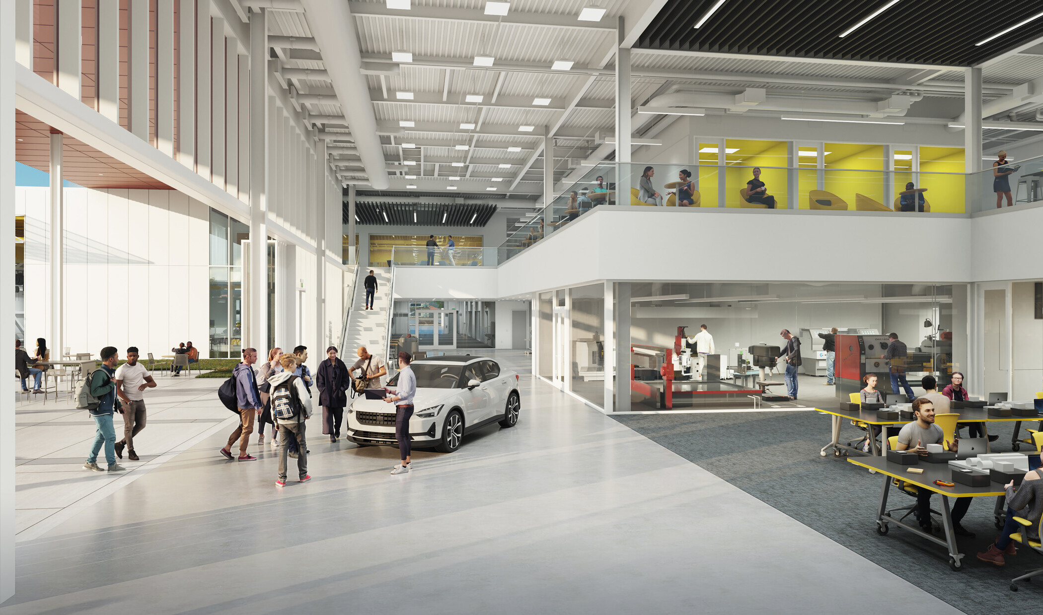 interior architectural rendering of American River College career technical education building; double height modern white space with a car and students standing throughout the space