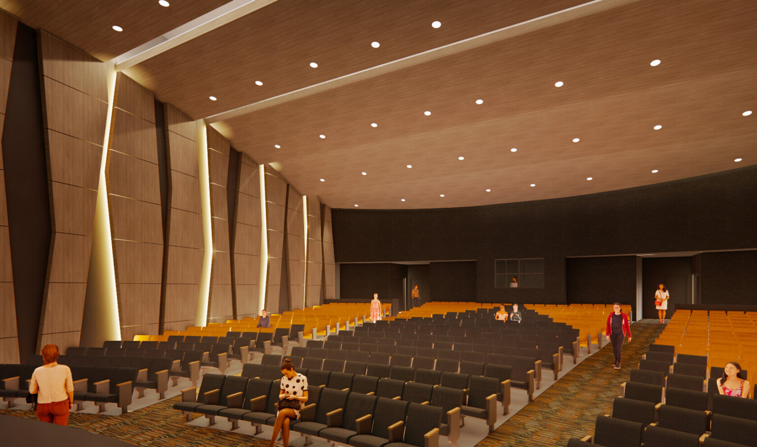 architectural rendering of a school auditorium' looking at students scattered through seats from stage right