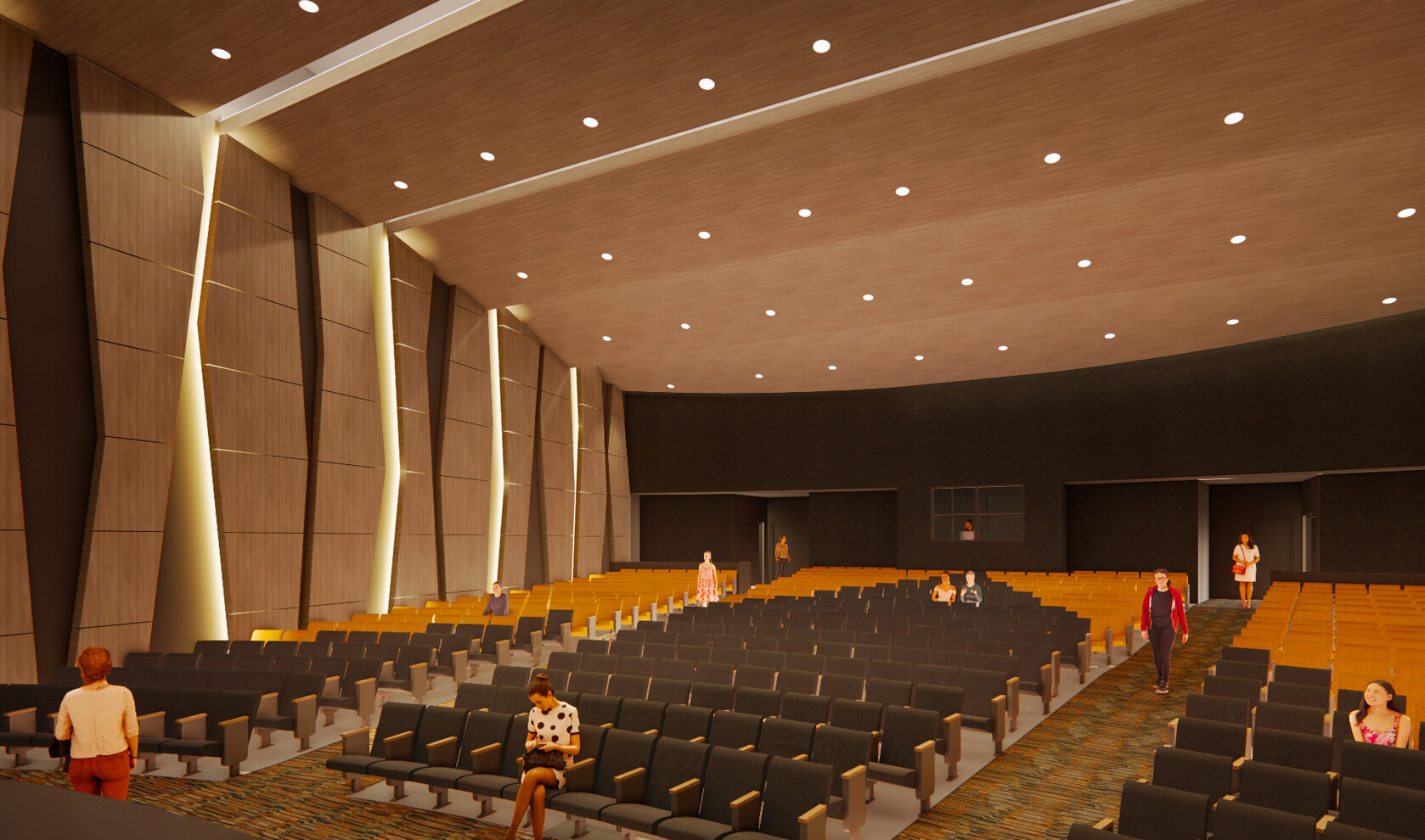 architectural rendering of a school auditorium' looking at students scattered through seats from stage right