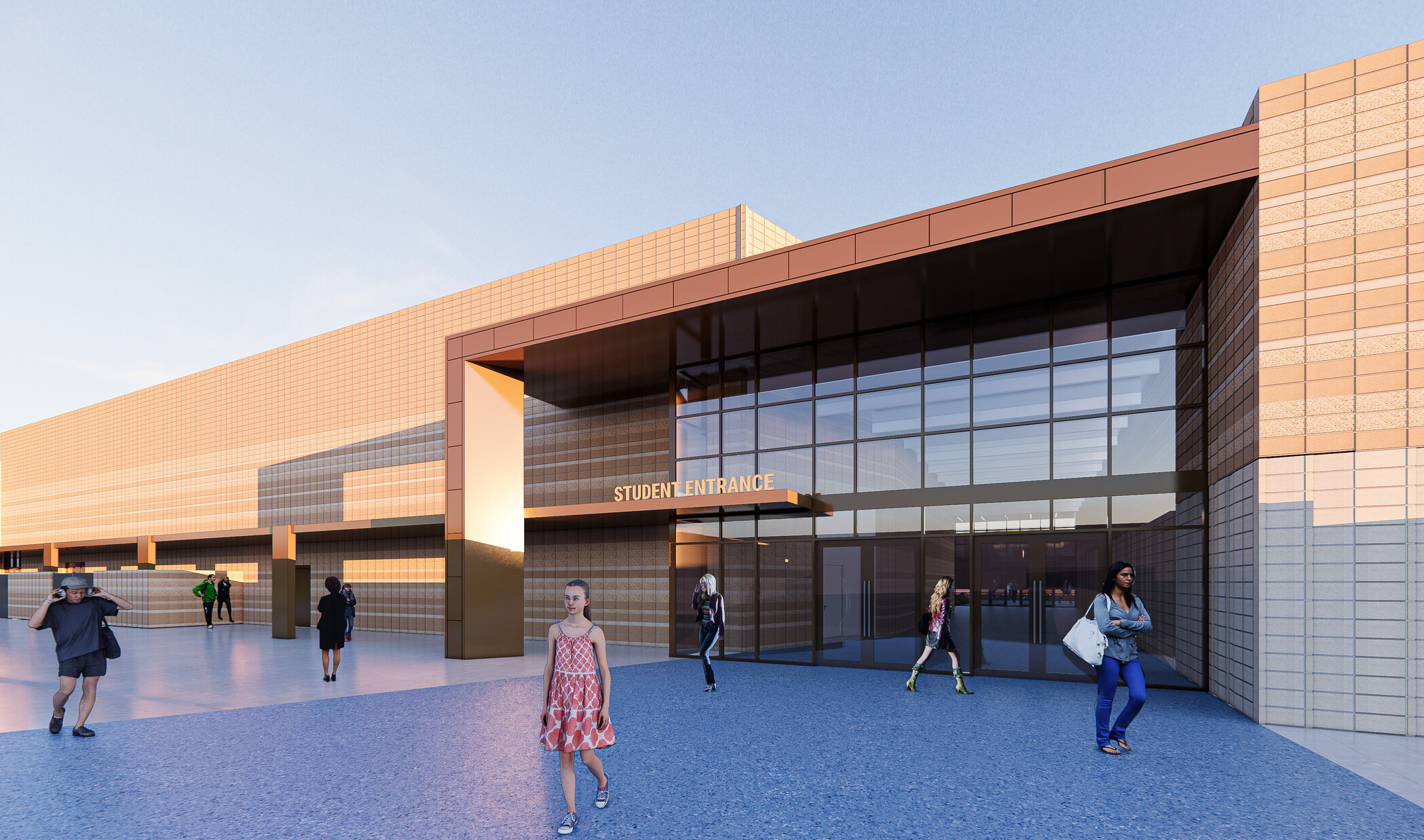 rendering of Hesperia High School’s Center for the Arts through the Student Entrance; modern multi-story building with floor to ceiling window entrance