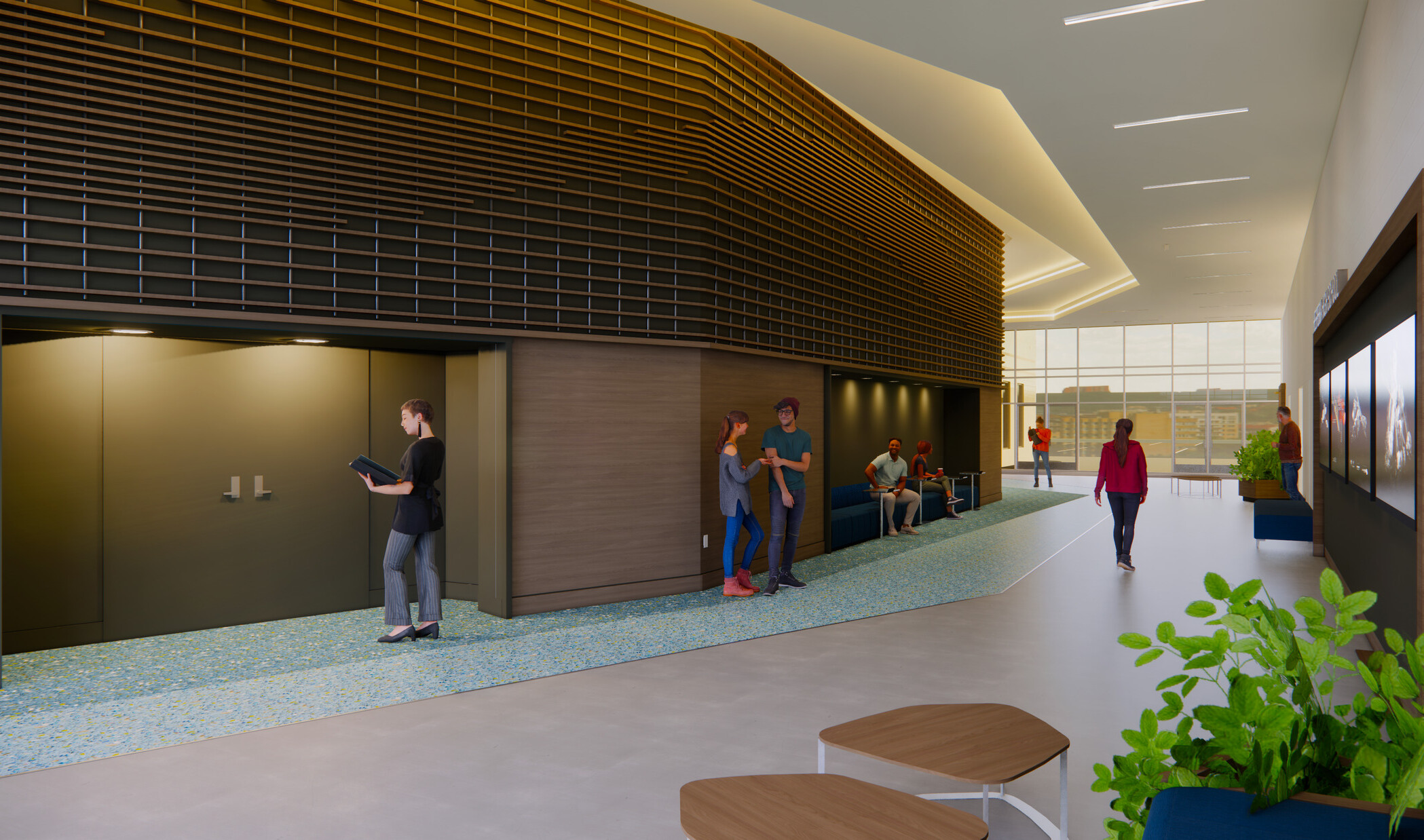 interior rendering of Hesperia High School’s Center for the Arts hallway; students hang out by modular furniture and inset benches