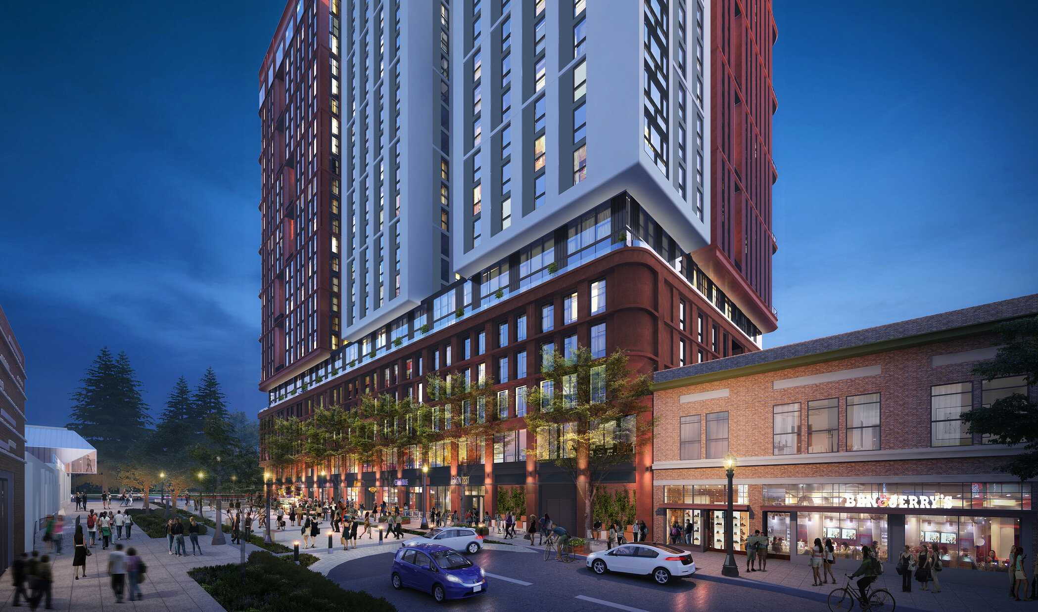 high rise glass building with a brick base next to a pedestrian plaza at dusk filled with people. low rise buildings surround