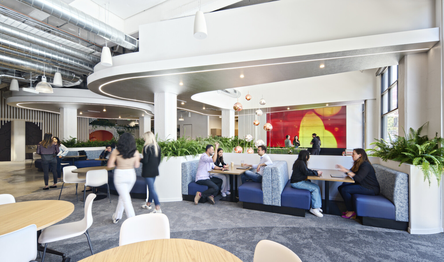 mixed seating with tables and booths in white room with organically shaped white drop ceiling details, metallic chandelier and organic mural