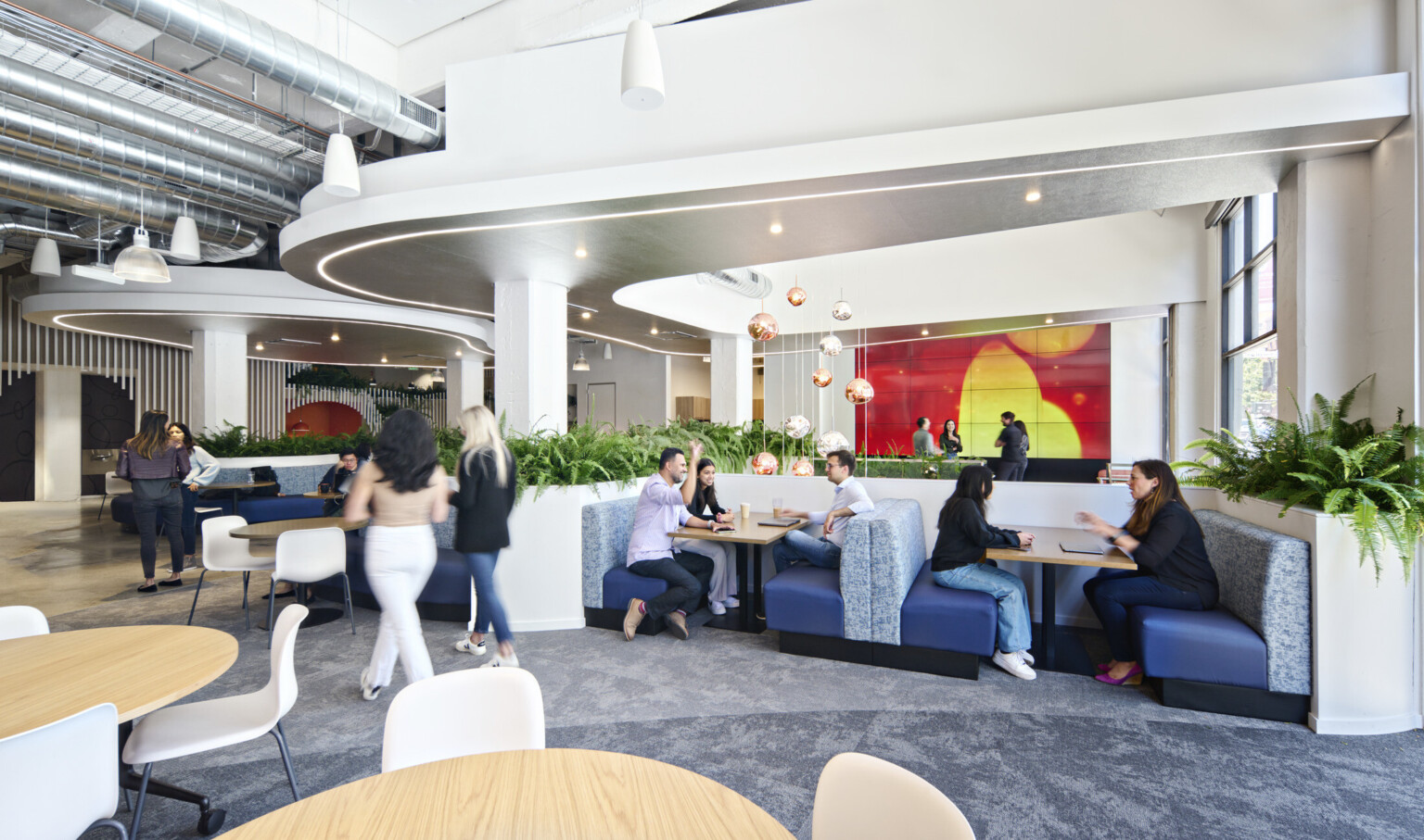 mixed seating with tables and booths in white room with organically shaped white drop ceiling details, metallic chandelier and organic mural