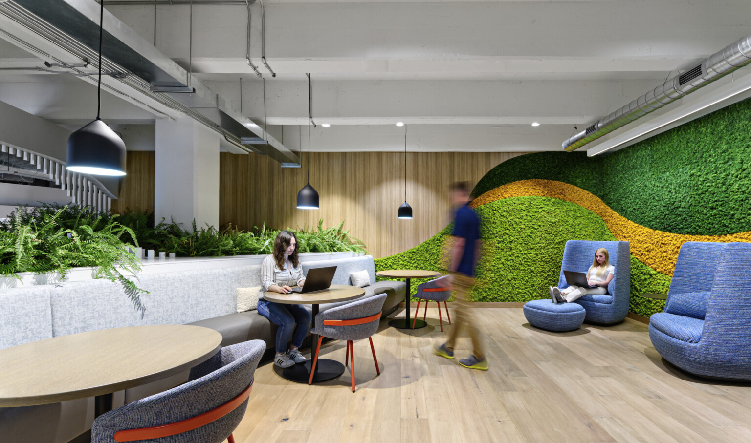 Office common area with bench seating and arm chairs. Textural green and yellow stripes on wall to right, biophilia plants left Office common area with bench seating and arm chairs. Textural green and yellow stripes on wall to right, biophilia plants left