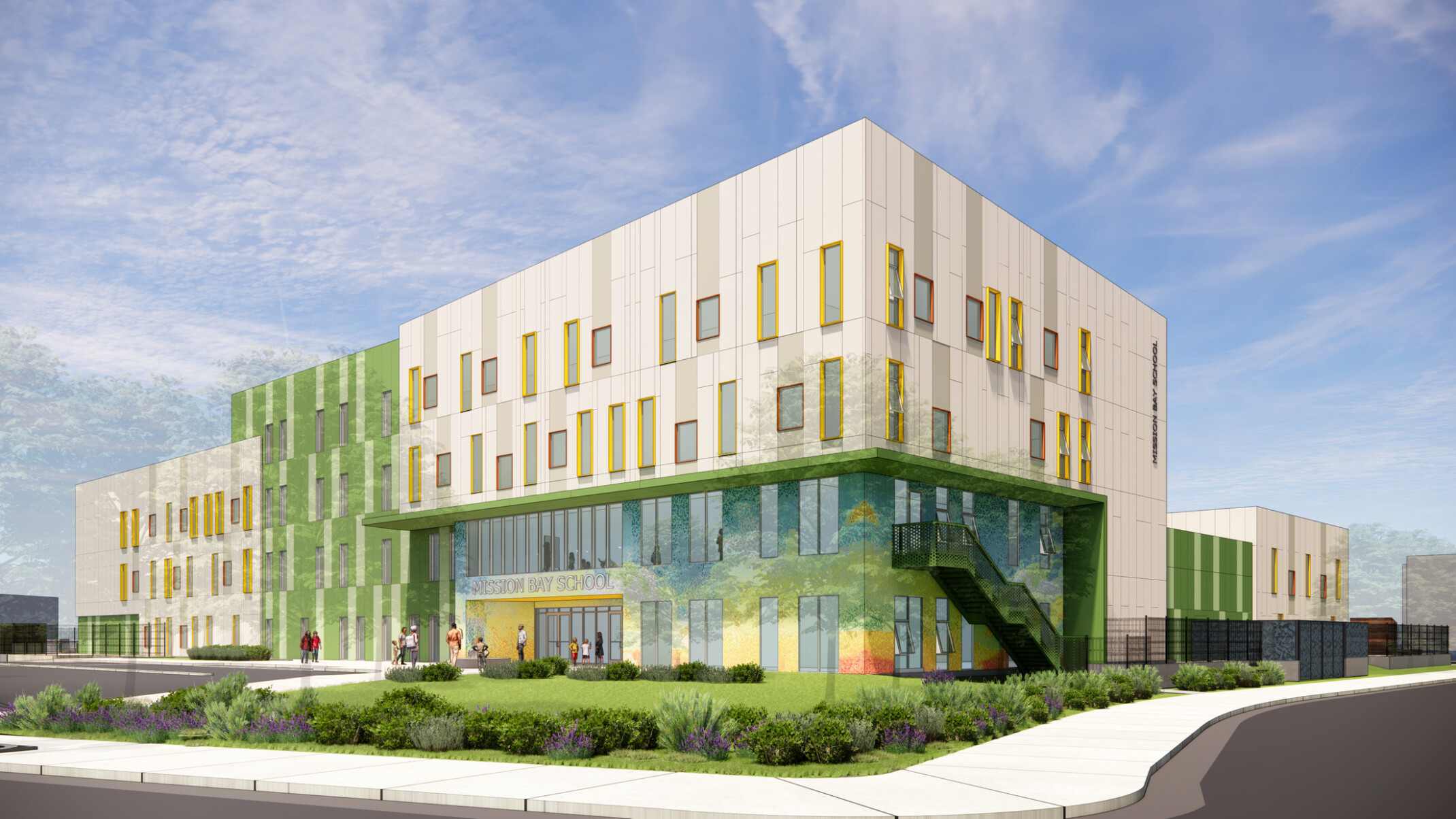 Exterior rendering of the front of Mission Bay School; students walking toward modern green and white facade with an inset entrance