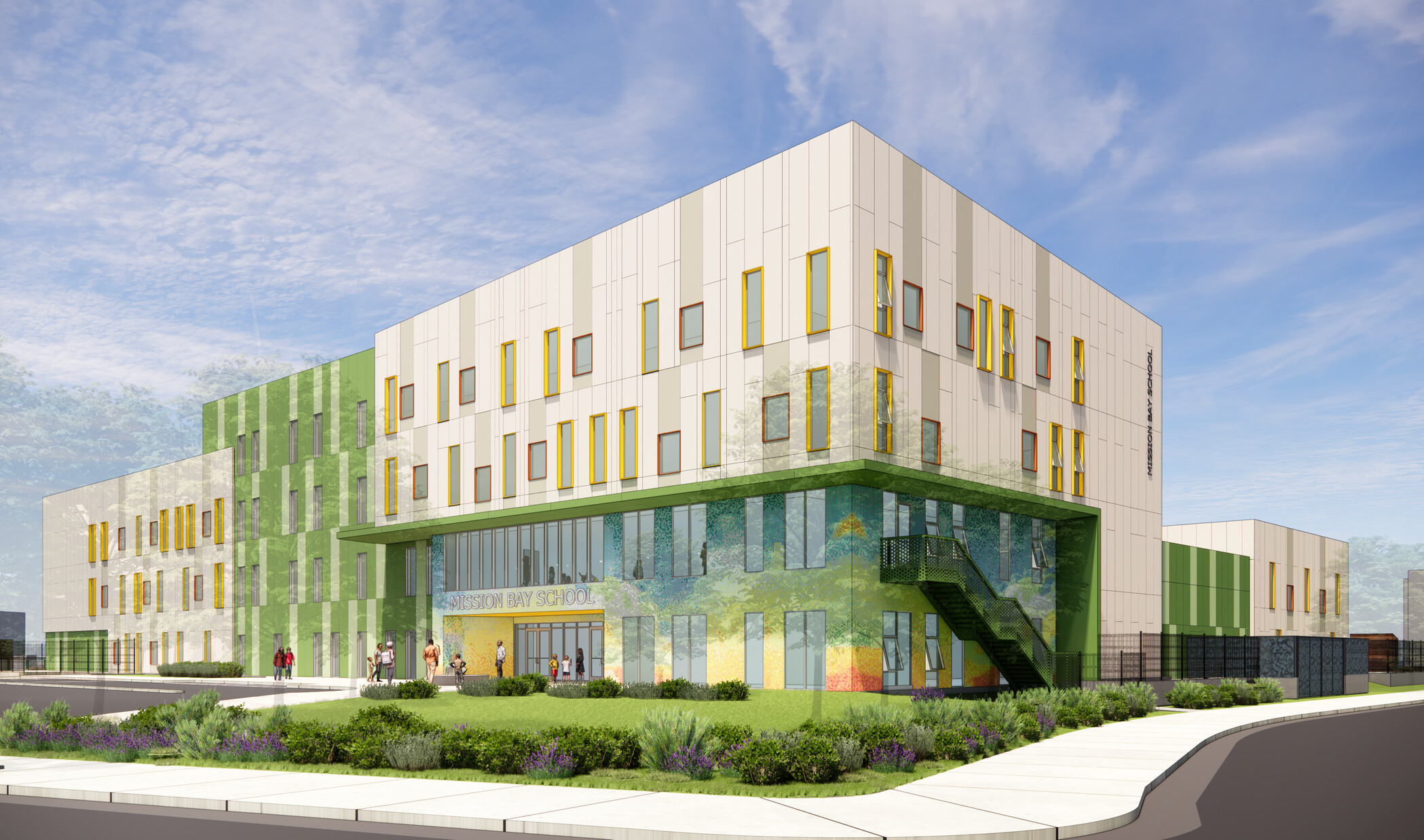 Exterior rendering of the front of Mission Bay School; students walking toward modern green and white facade with an inset entrance