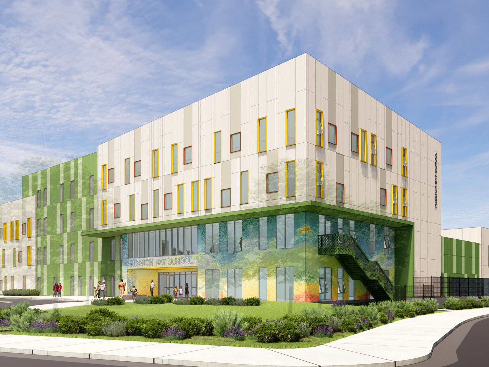Exterior rendering of the front of Mission Bay School; students walking toward modern green and white facade with an inset entrance