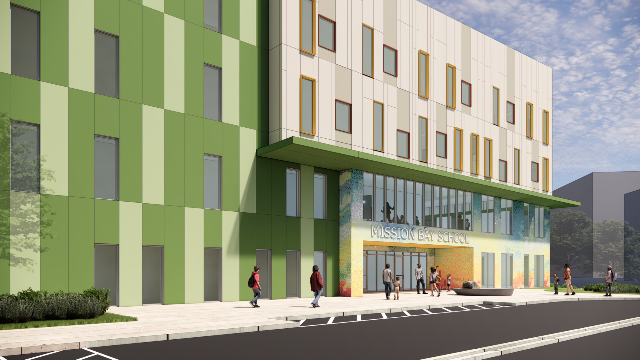 Exterior rendering of the front of Mission Bay School; students walking toward modern green and white facade with an inset entrance