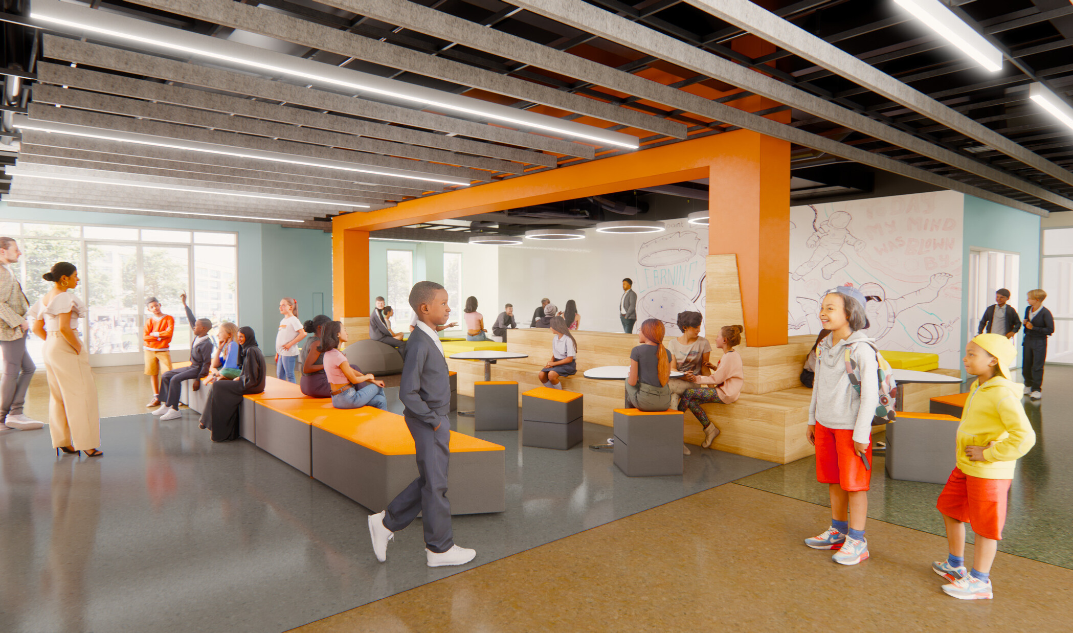 interior rendering of students collaborating in one of Mission Bay School’s new classrooms; orange center structure with module seating around and below