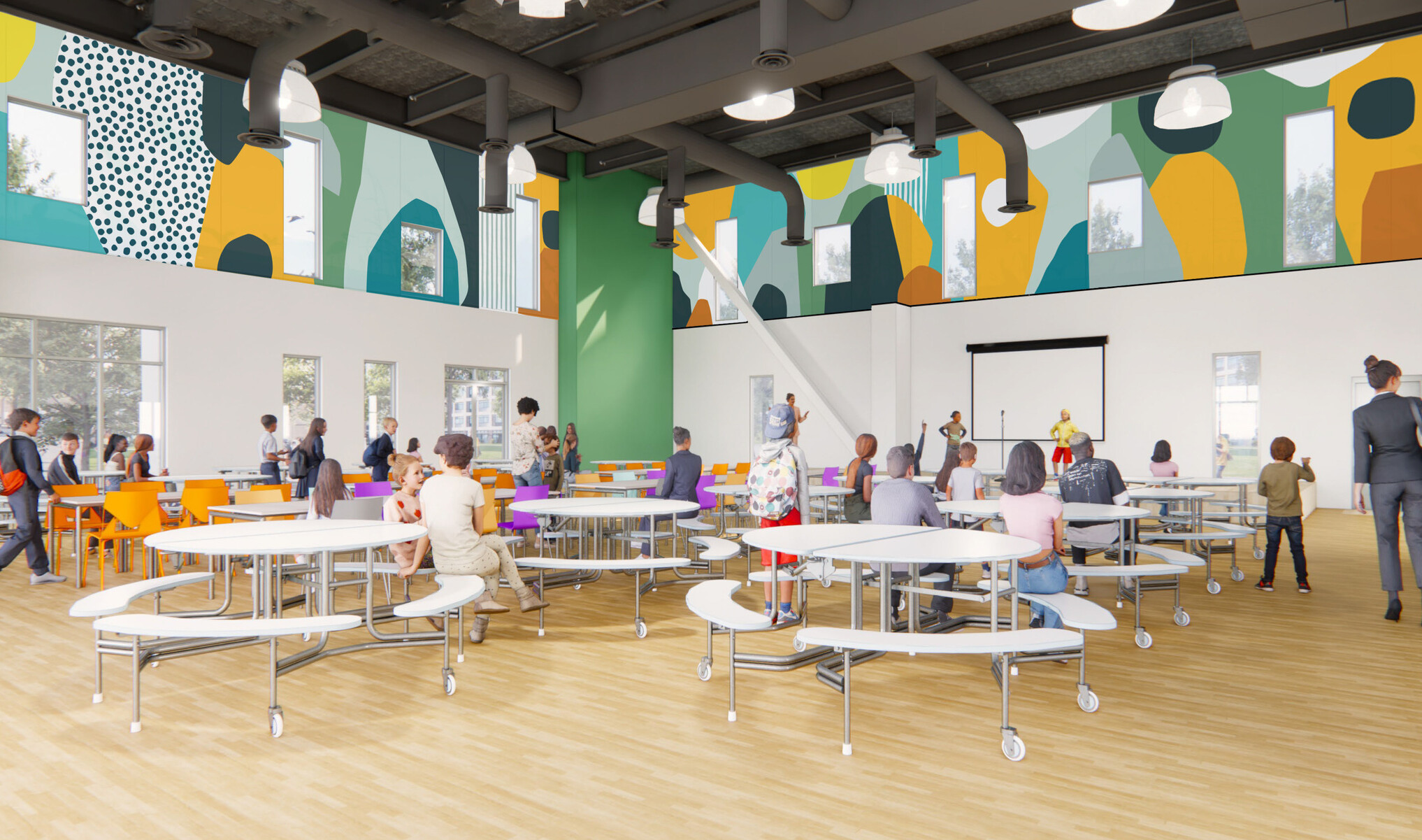 Interior rendering of a multipurpose room in the new Mission Bay School; students a modular circular tables; colorful murals along the top third of the walls