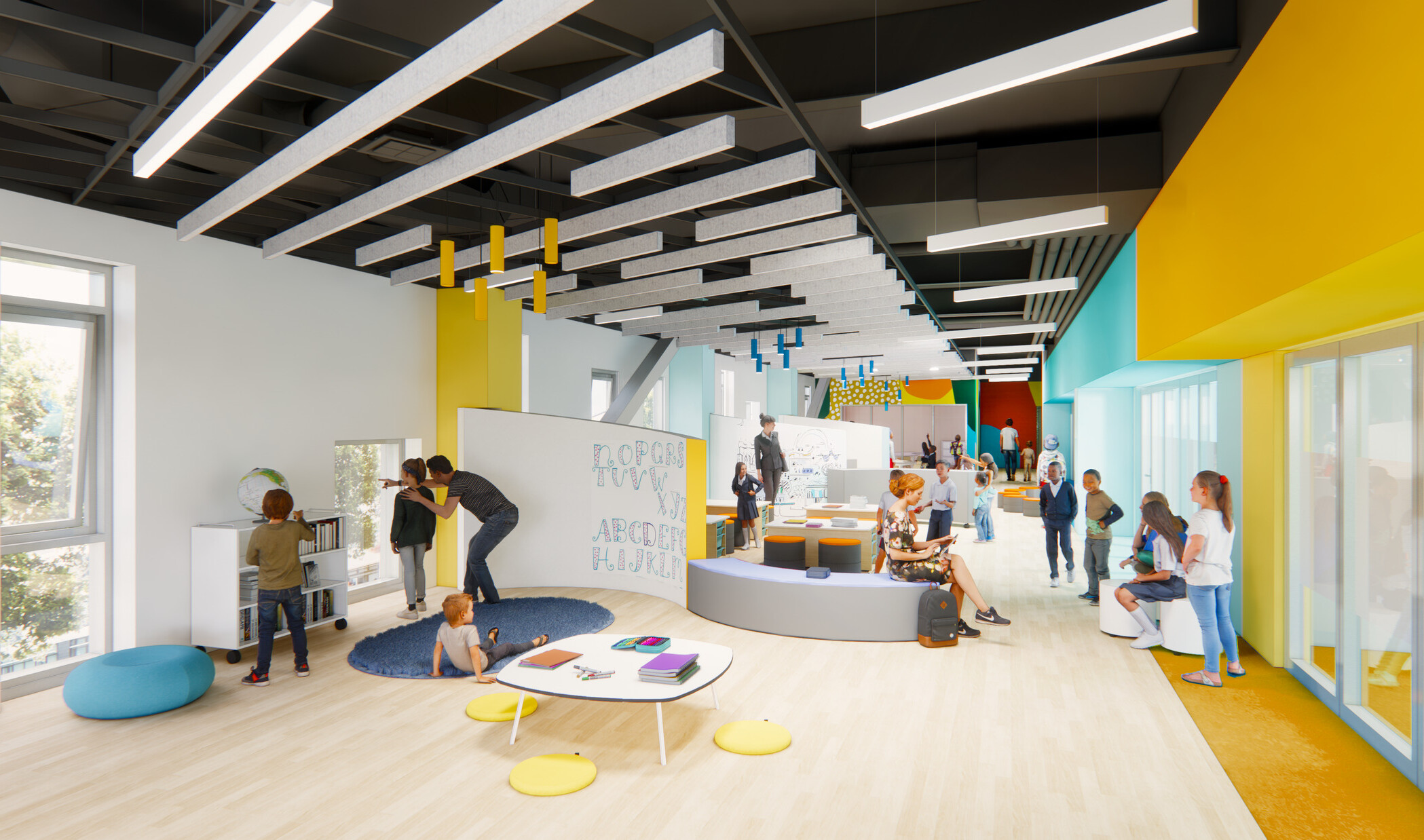 architectural rendering of a school community classroom space with modular furniture, white boards, small tables, and floor to ceiling windows
