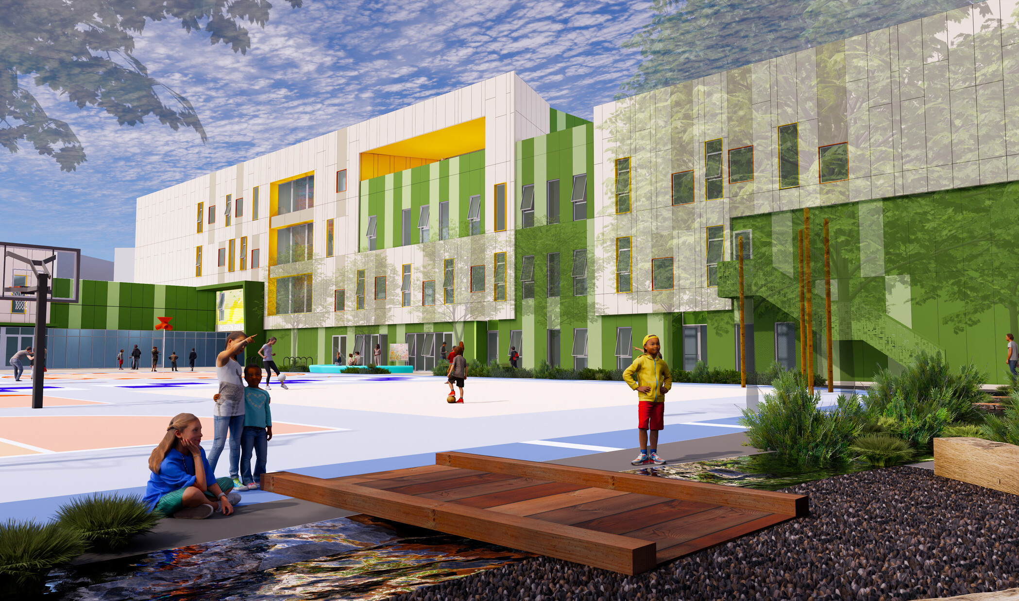 Exterior rendering of the courtyard/basketball courts of Mission Bay School; students around with the modern green and white building in the background