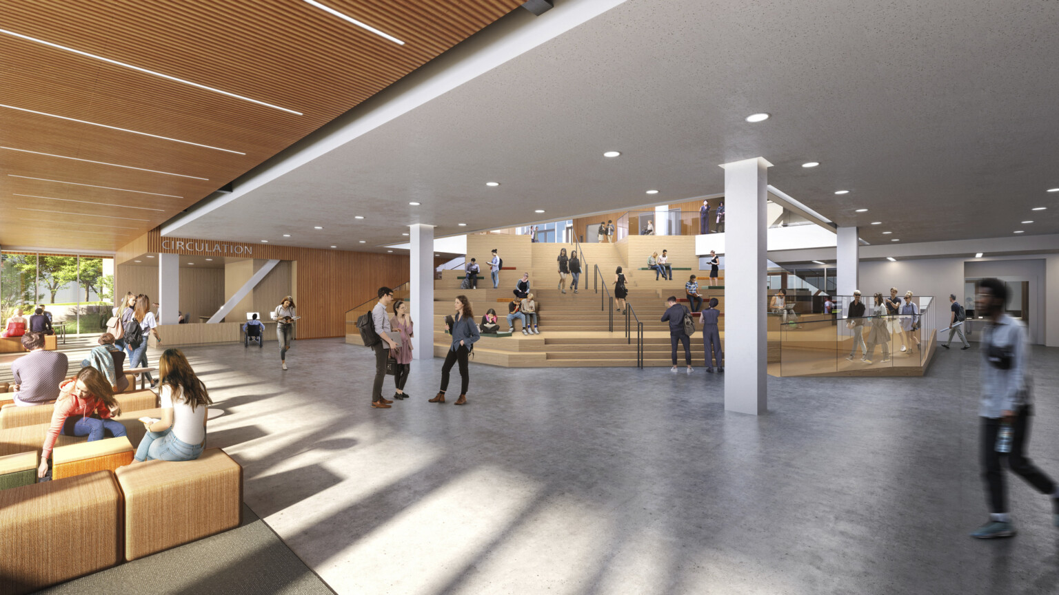 Outdoor seating around the first floor of the library also serves as a gathering place where students, faculty, and staff can meet and exchange ideas