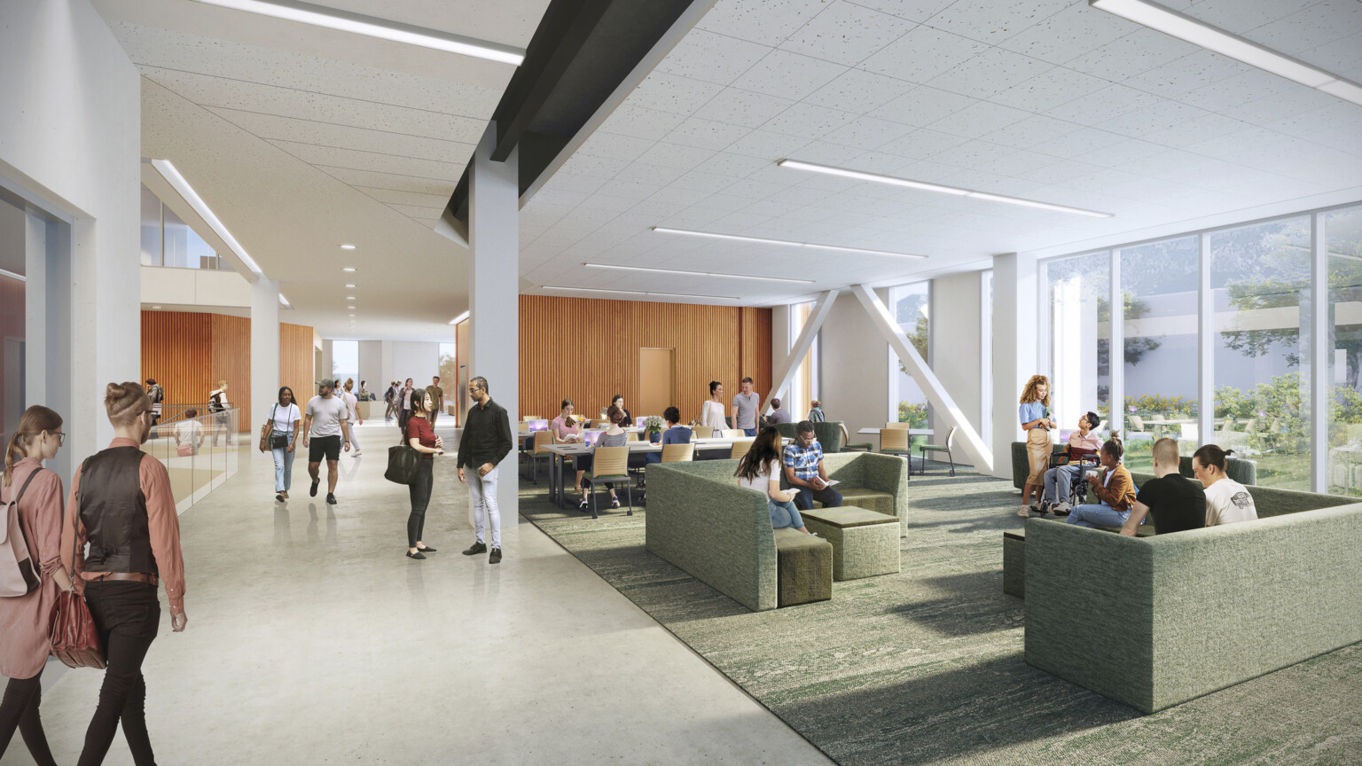 ​The design includes a large, covered balcony on the third floor, which will enable students to sit outside and breathe fresh air while they study or collaborate