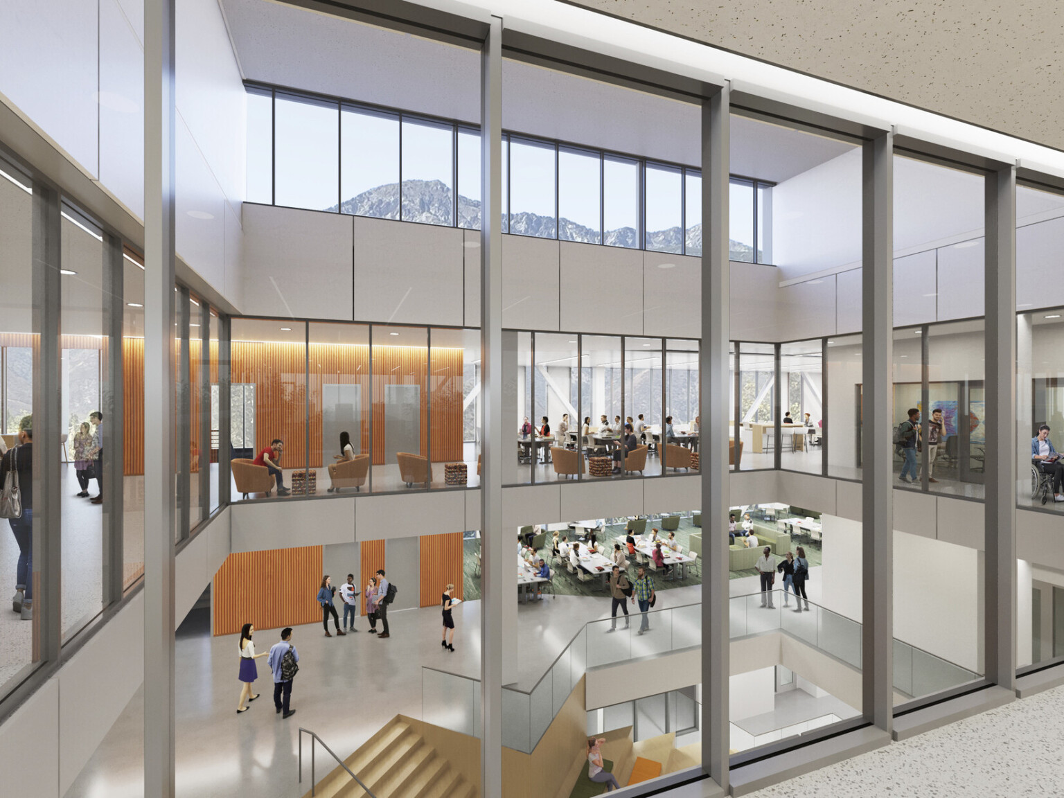 Lobby with view of both stories with floor-to-ceiling windows allowing natural daylight to enhance focus and calm