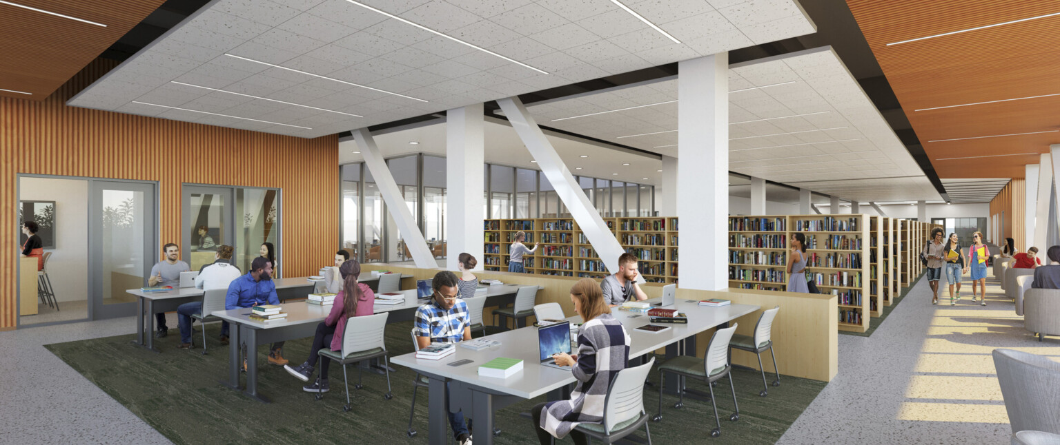 Outdoor seating around the first floor of the library also serves as a gathering place where students, faculty, and staff can meet and exchange ideas