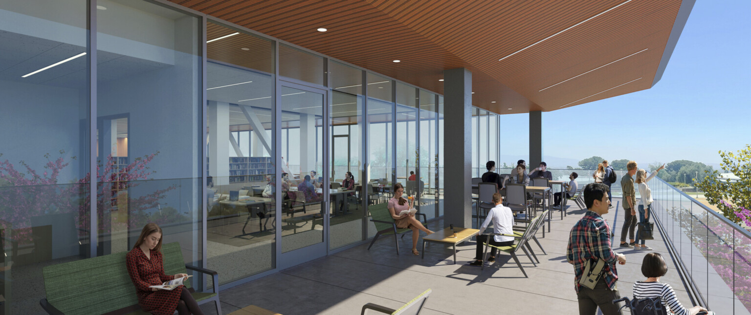 ​The design includes a large, covered balcony with outdoor seating on the third floor, which will enable students to sit outside and breathe fresh air while they study or collaborate